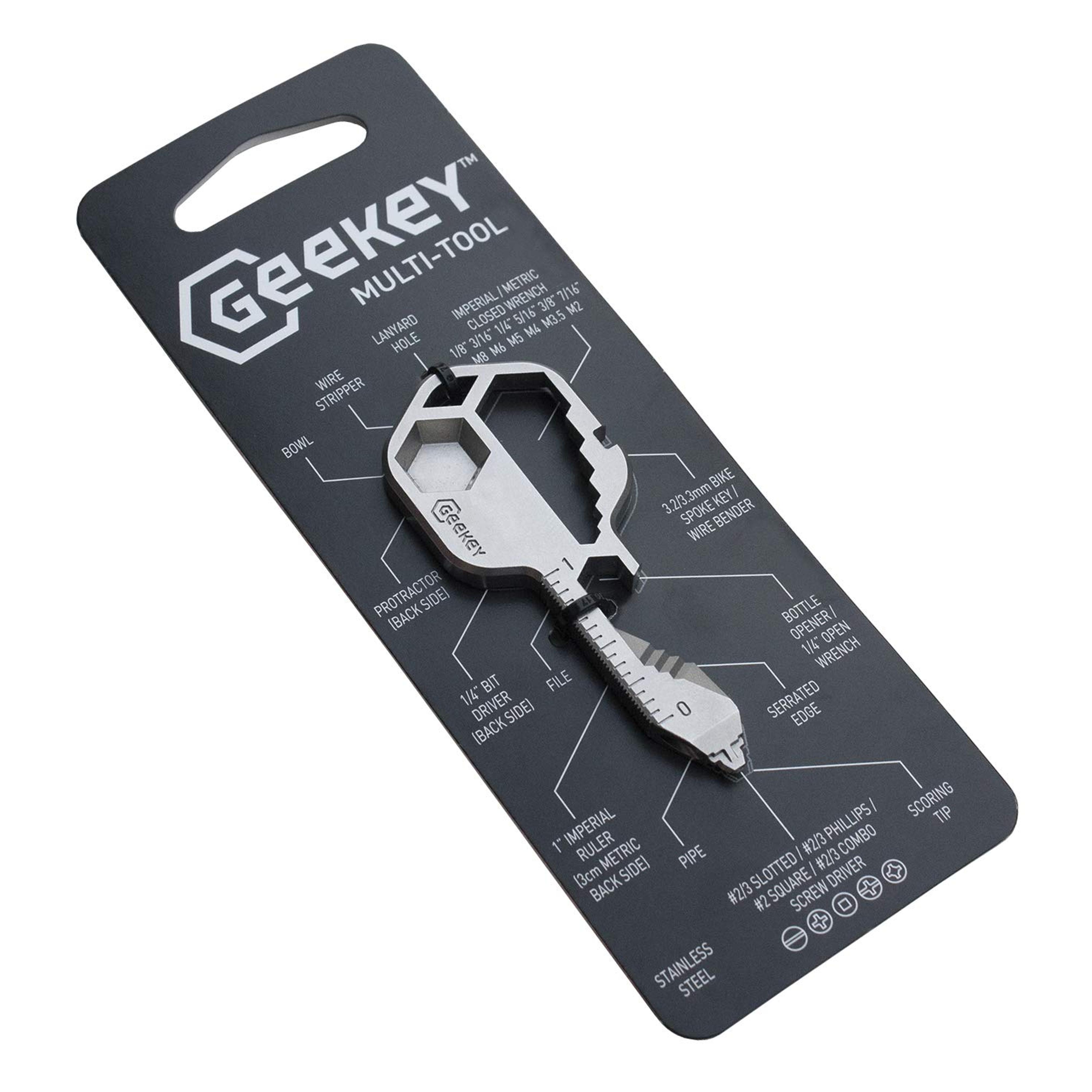 Geekey Multi-Tool | Stainless Steel Key Shaped Pocket Tool for Keychain | Bottle Opener, Screwdriver, Ruler, Wrench, Bit Driver, File, Bike Spoke Key | TSA Friendly | Groomsmen Gift