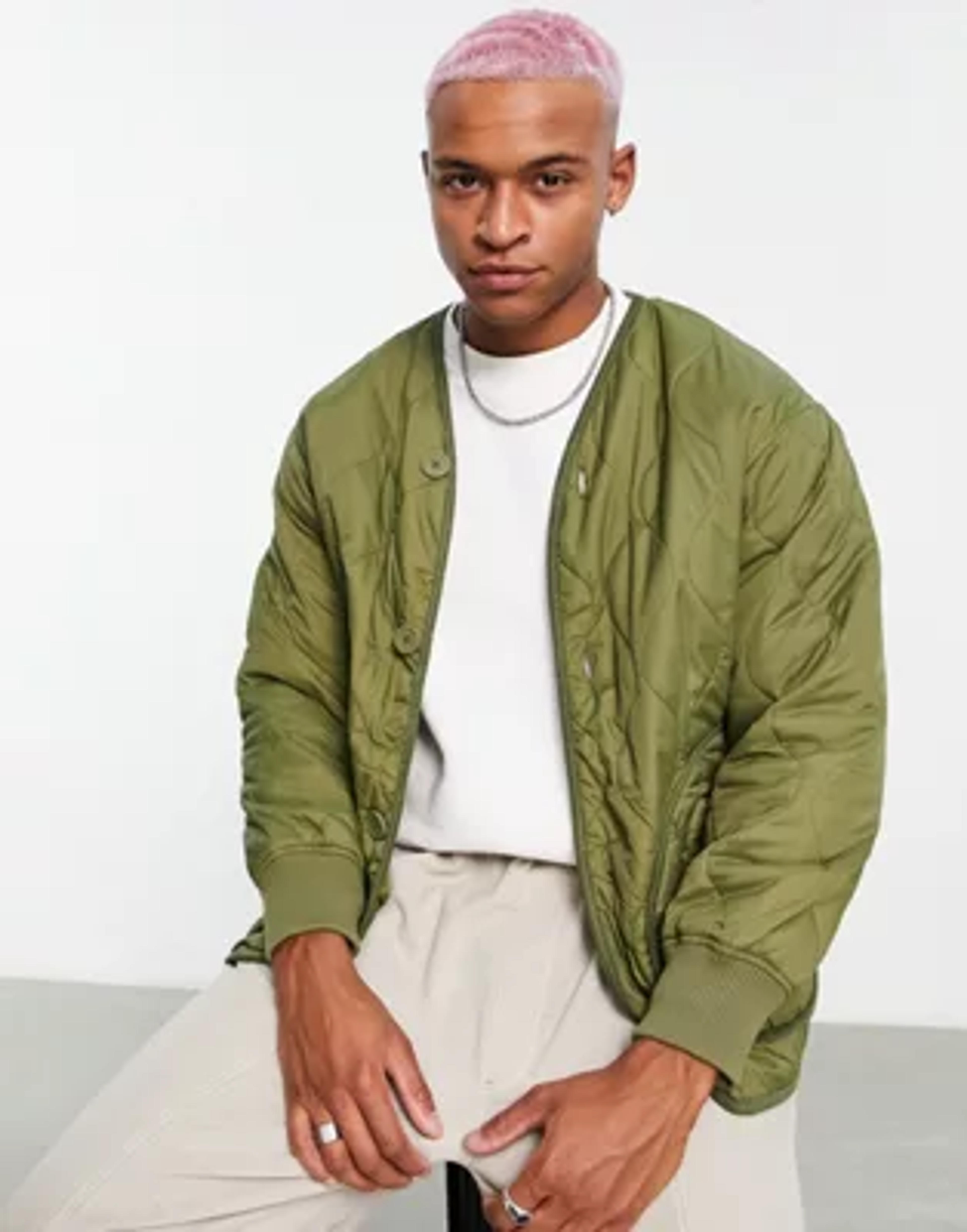 Bershka oversized onion quilted liner jacket in khaki