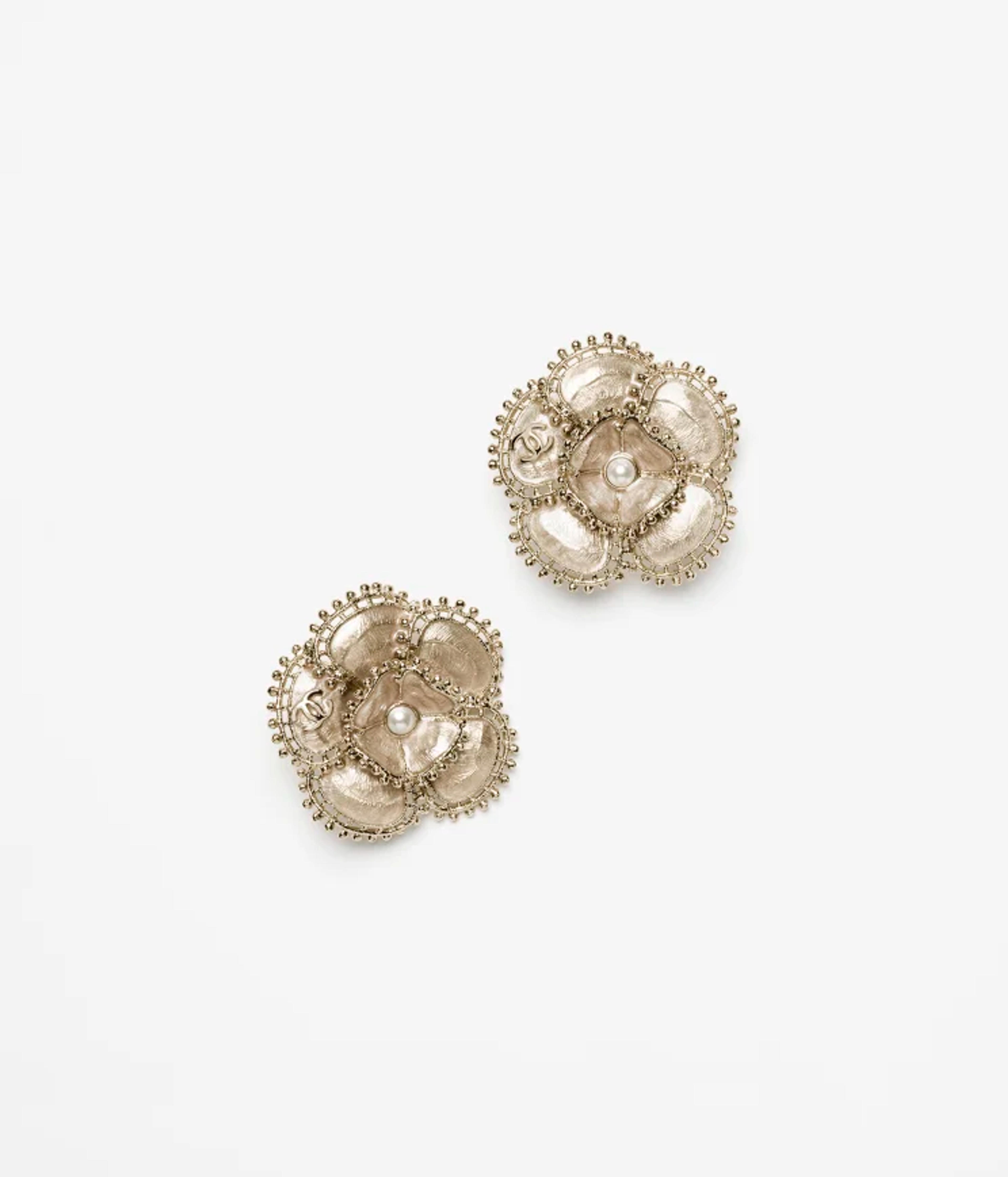 Clip-on stud earrings - Metal & glass pearls, gold, beige & pearly white — Fashion | CHANEL