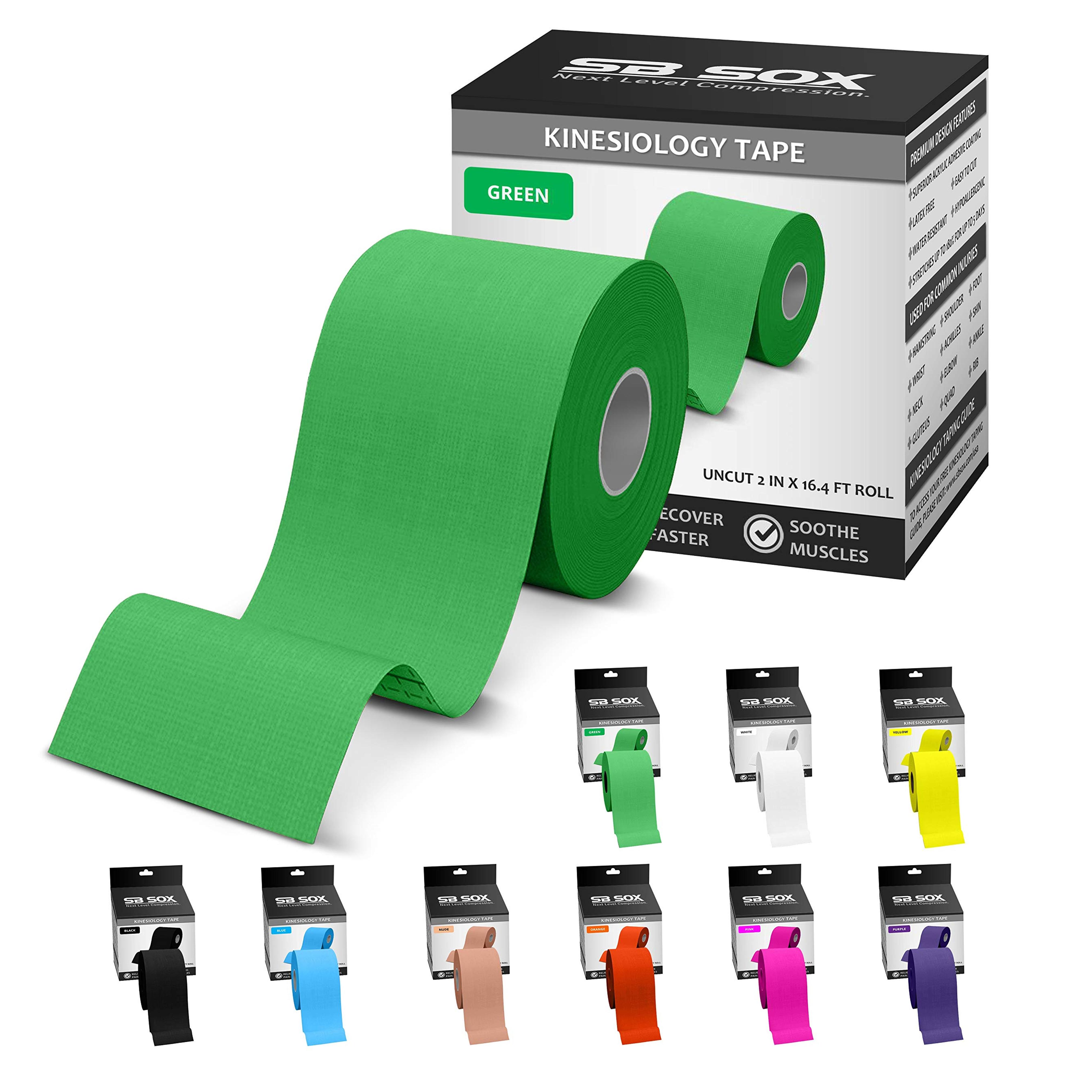 SB SOX Original Cotton Kinesiology Tape (16ft Uncut Roll) – Best Latex Free, Water Resistant Tape for Muscles/Joints – Perfect for Any Activity – Easy to Apply/Use, Works Great! (Green)