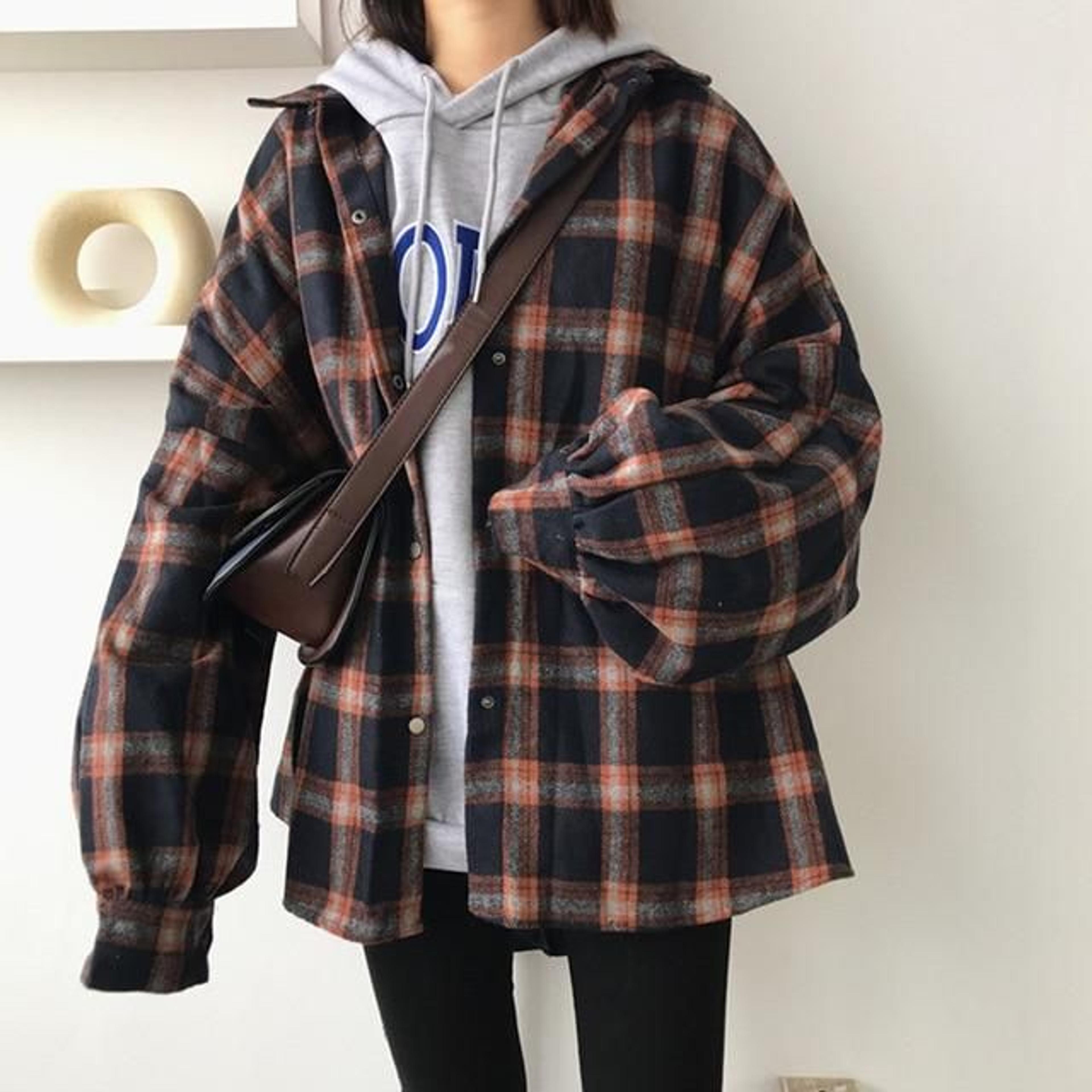 Flectit Flannel Oversized Shirt Long Sleeve Collared Boyfriend Plaid Blouse Fall Winter Women's Blouses & Shirts * - Navy Blue / One Size