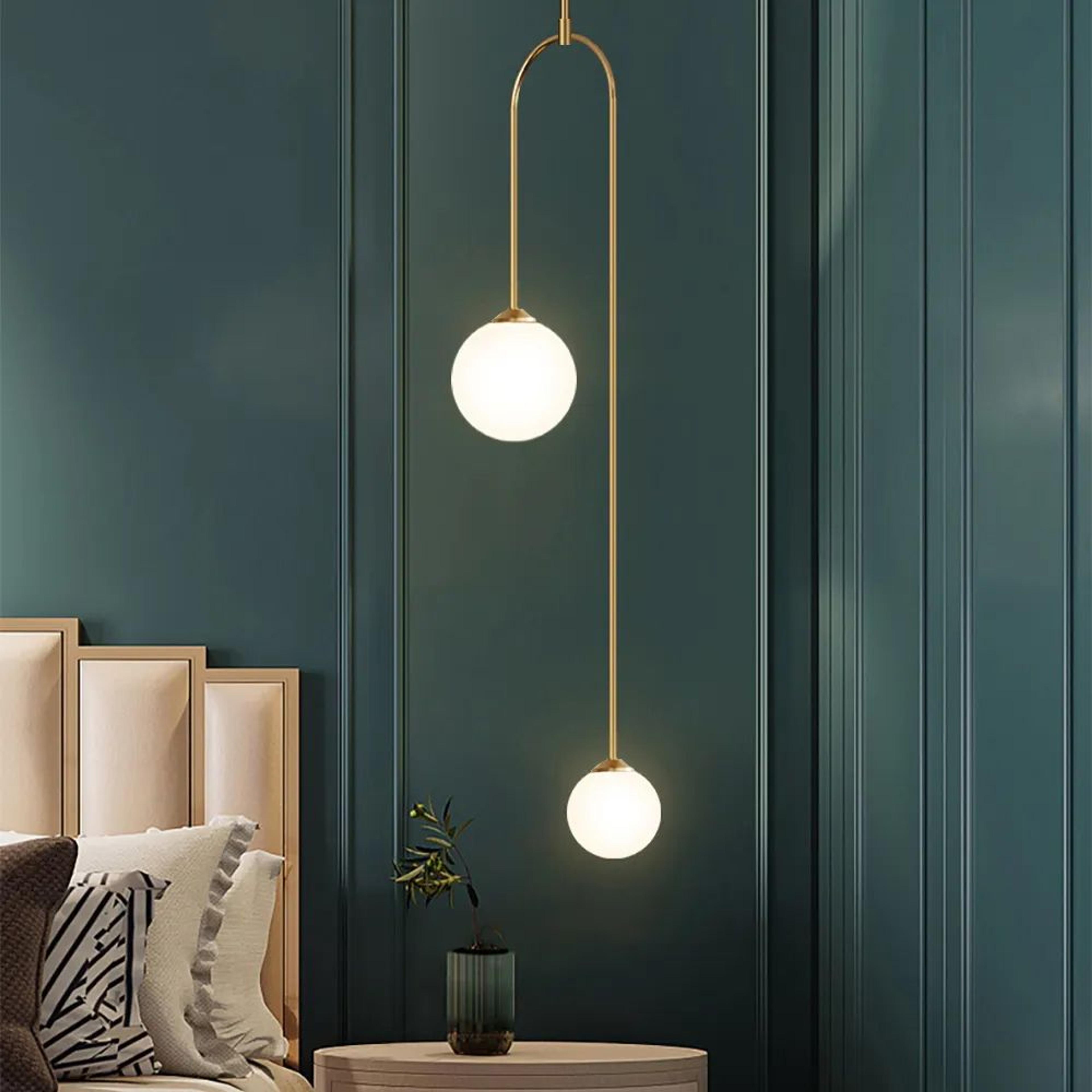 Modern Pendant Light Glass Globe 2-Light U-Shaped in Gold for Living Room and Bedroom