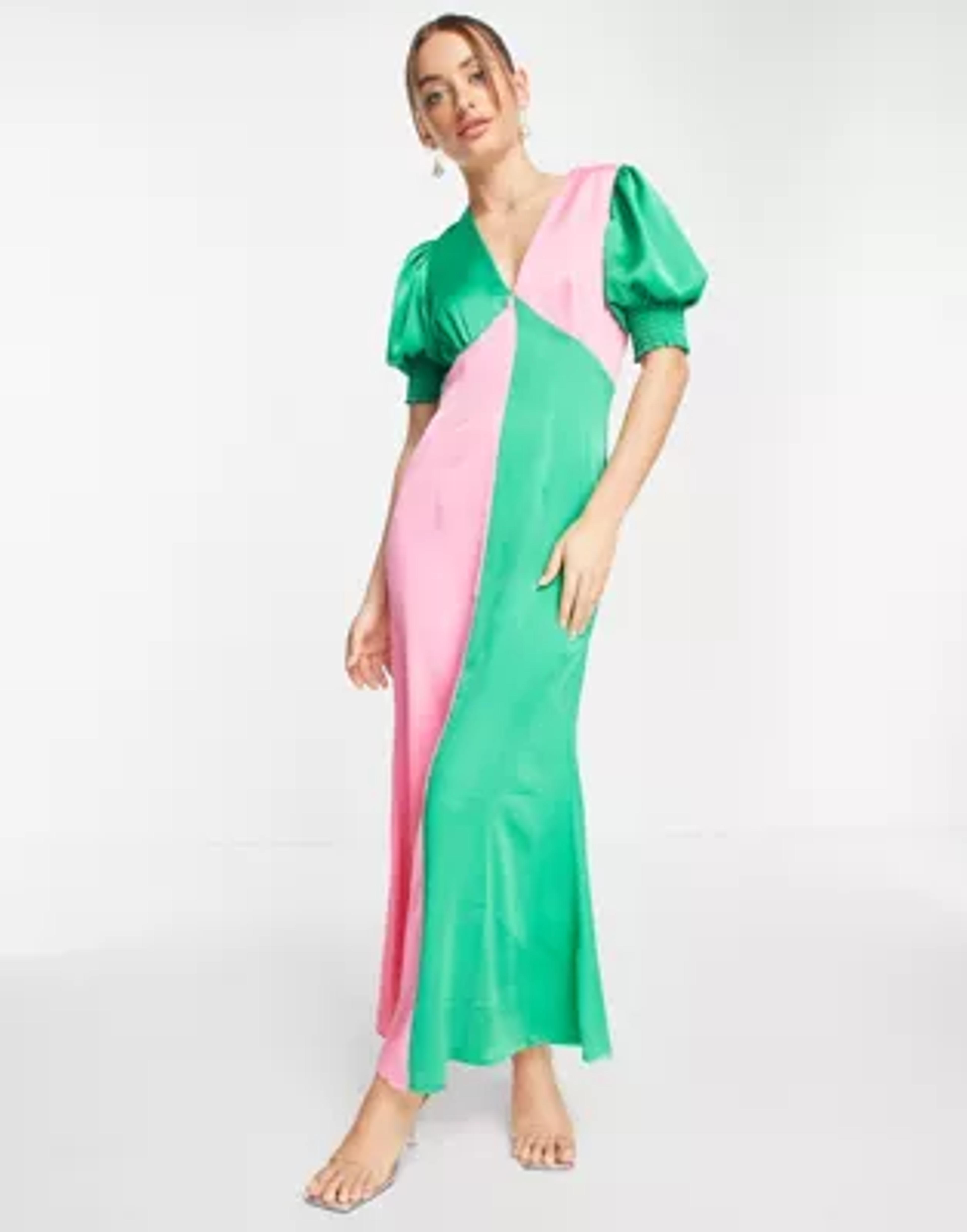 Never Fully Dressed contrast puff sleeve maxi dress in color block | ASOS