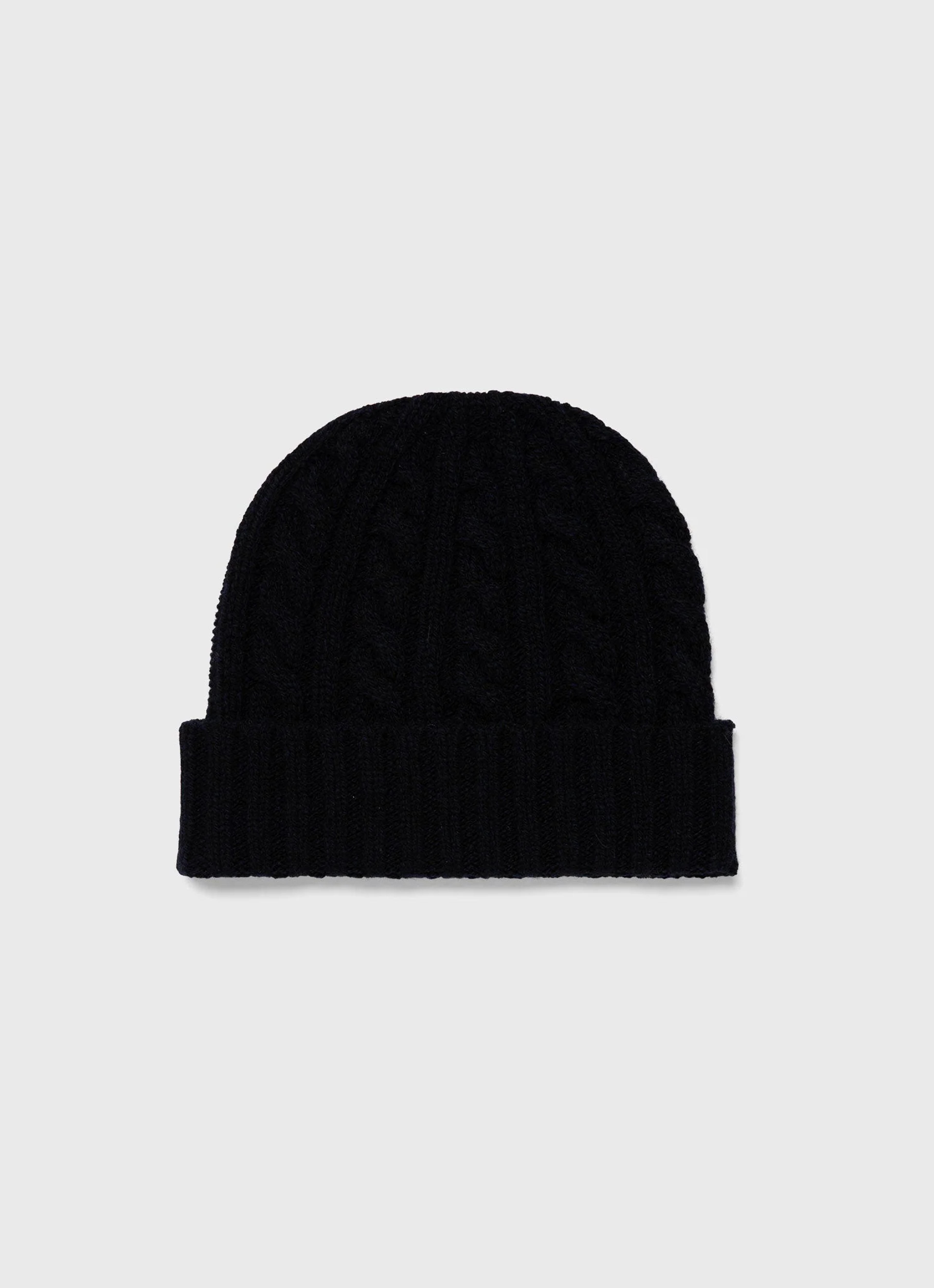 Lambswool Cable Hat in Dark Navy Mouline | Sunspel