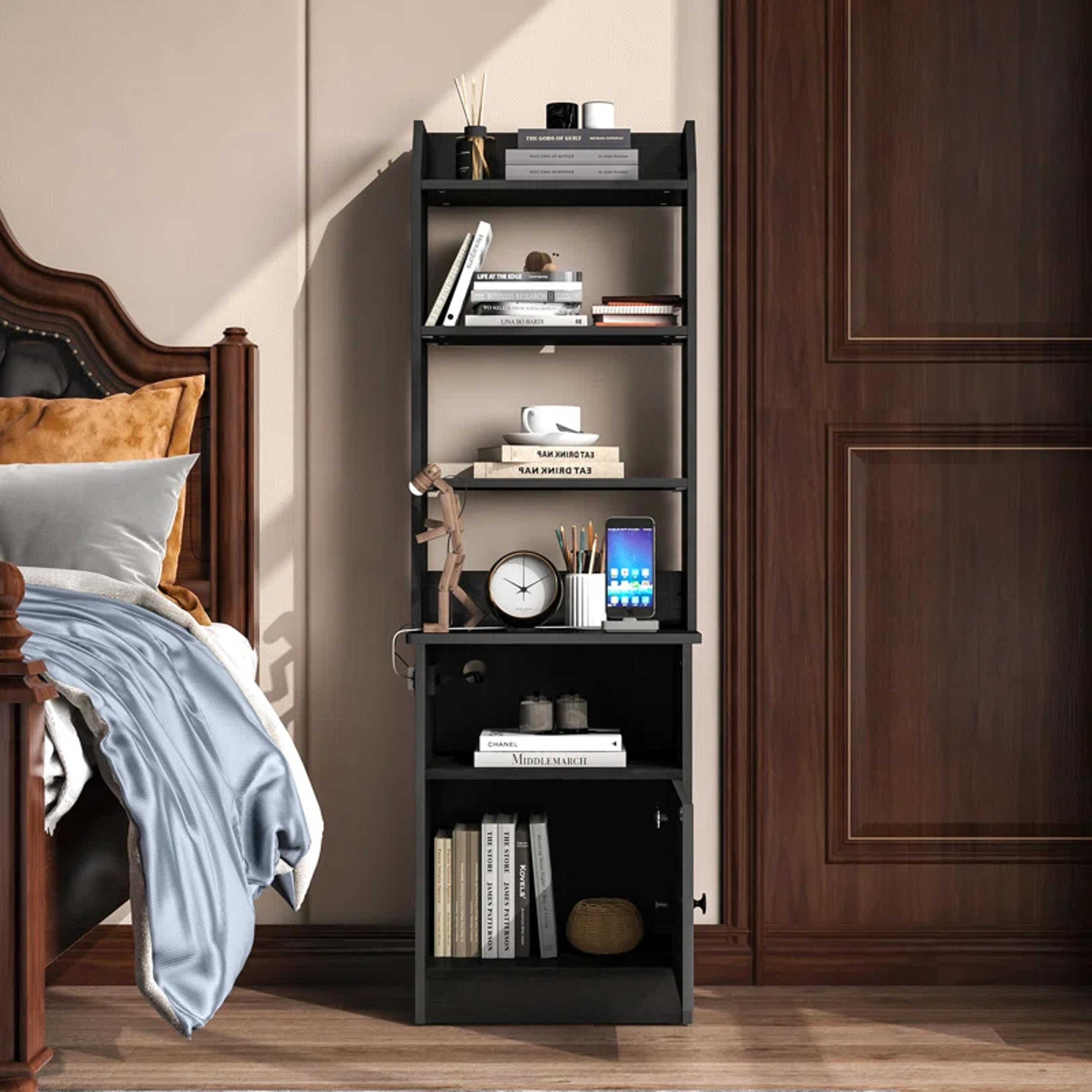 Ebern Designs Dacen 55.3" Tall Nightstand Bookshelf with Charging Station & Reviews | Wayfair