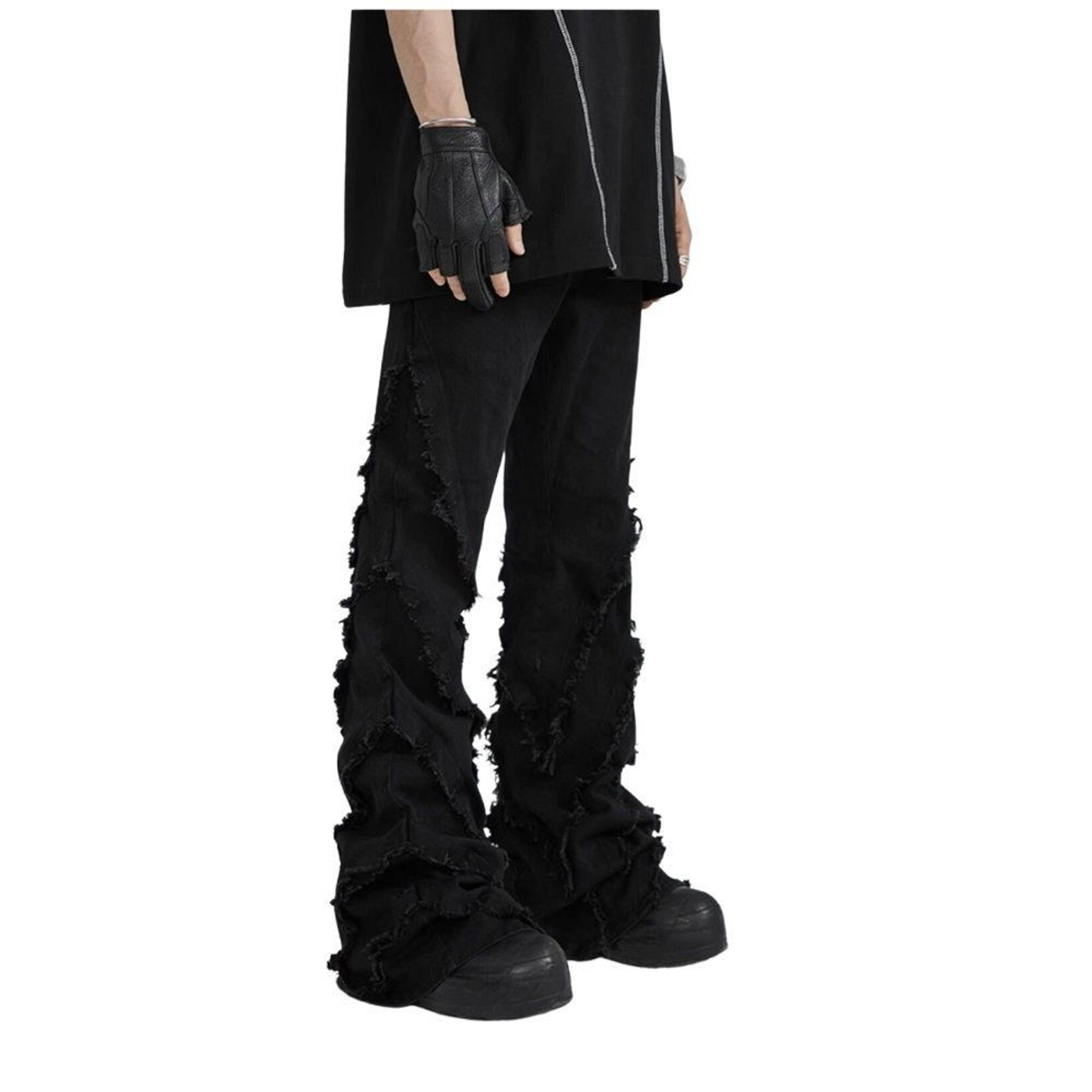 Black Stacked Distressed Denim Jeans, Flared Jeans, Ripped Jeans, Frayed Jeans, Streetwear Jeans, y2k Jeans,