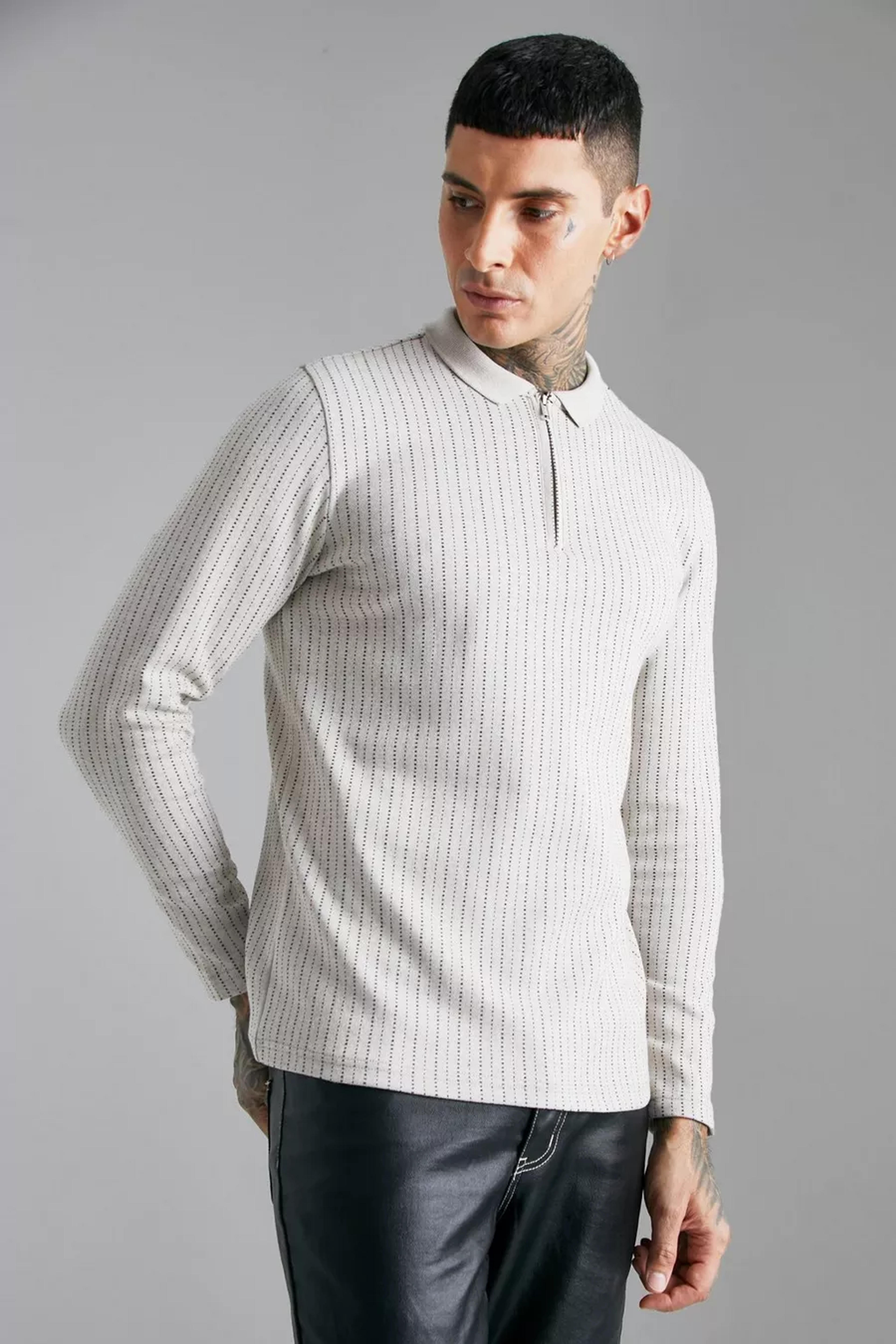 Jacquard Stripe Long Sleeve Polo | boohoo