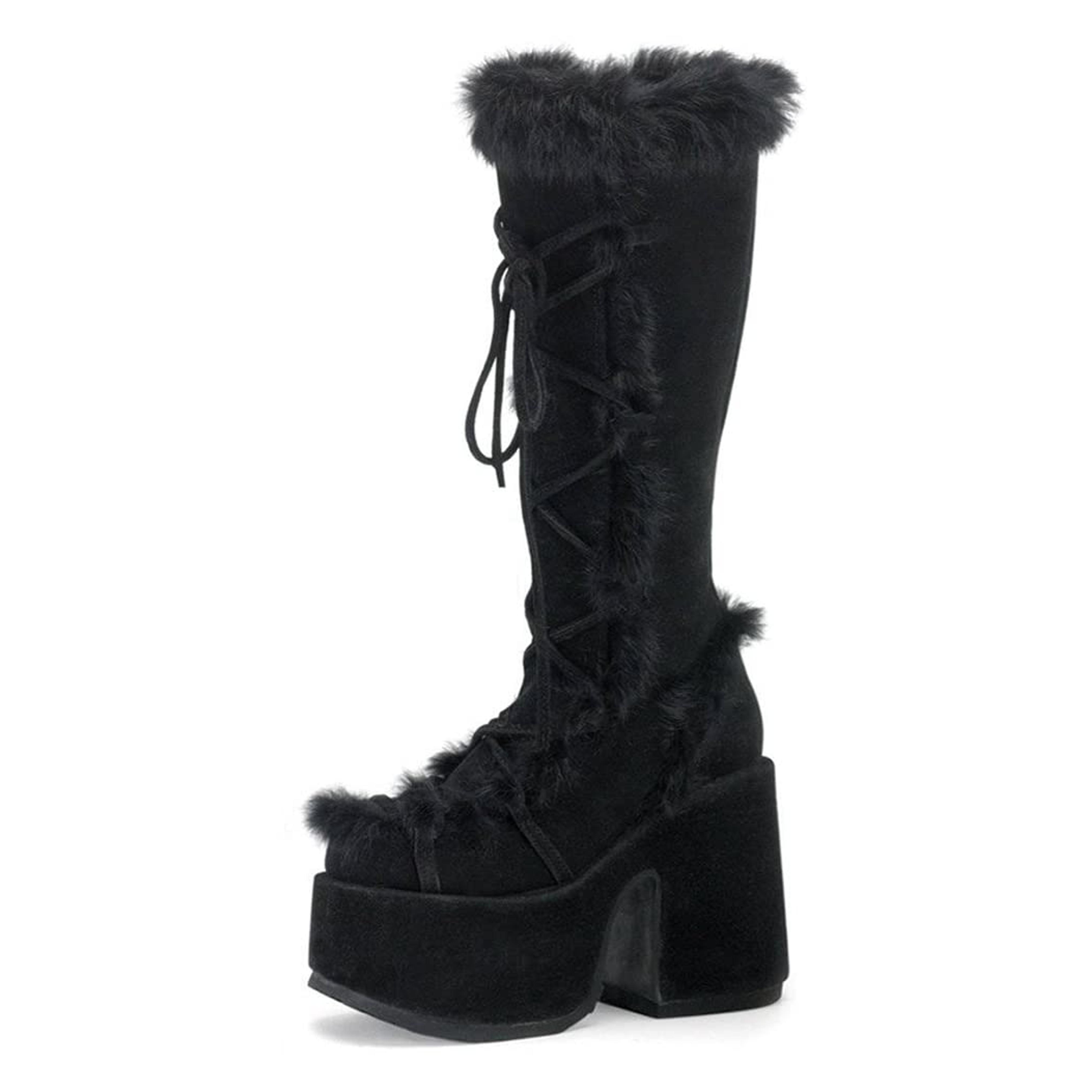 CELNEPHO Knee High Boots For Womens Side Zipper Warm Faux Fur Platform Chunky Heel Punk Goth Walking Winter Snow Boots