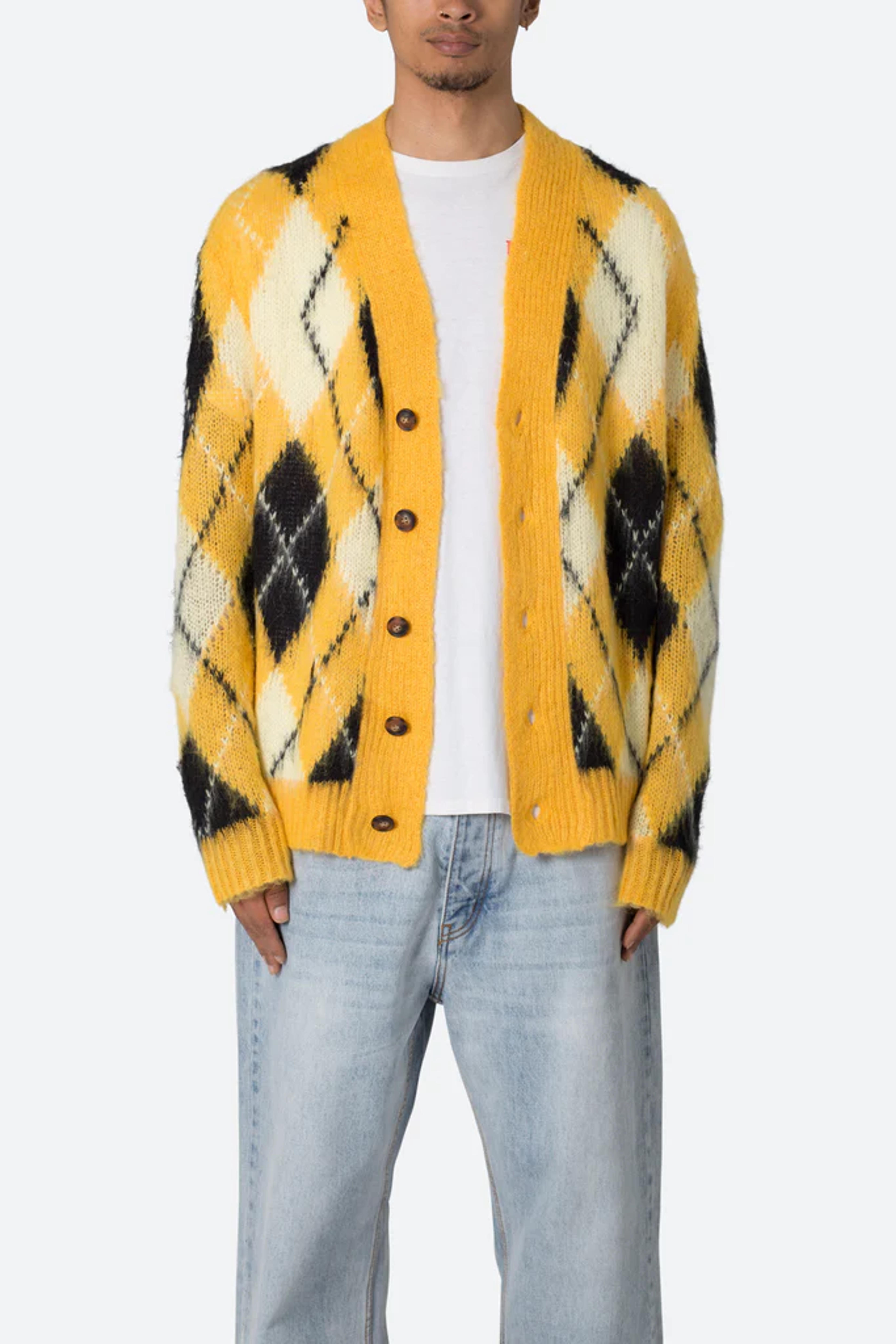 Argyle Cardigan Sweater - Black/Yellow