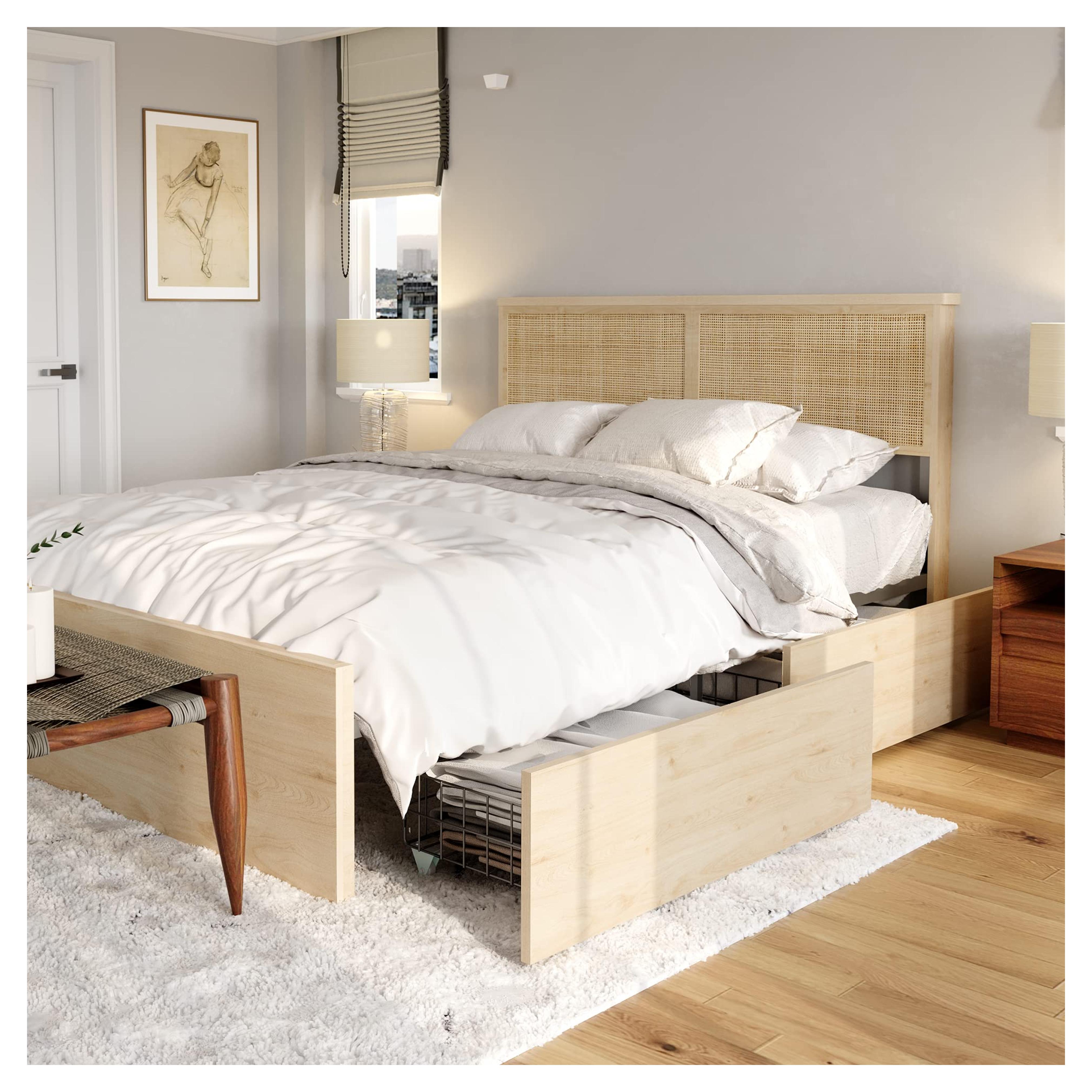 Amazon.com: Brafab Natural Rattan Queen Bed Frame with Wooden Headboard and 4 Storage Drawers, Boho Cane Bed Metal Platform Bed with Strong Wooden Slat, Noise Free, No Box Spring Needed : Home & Kitchen