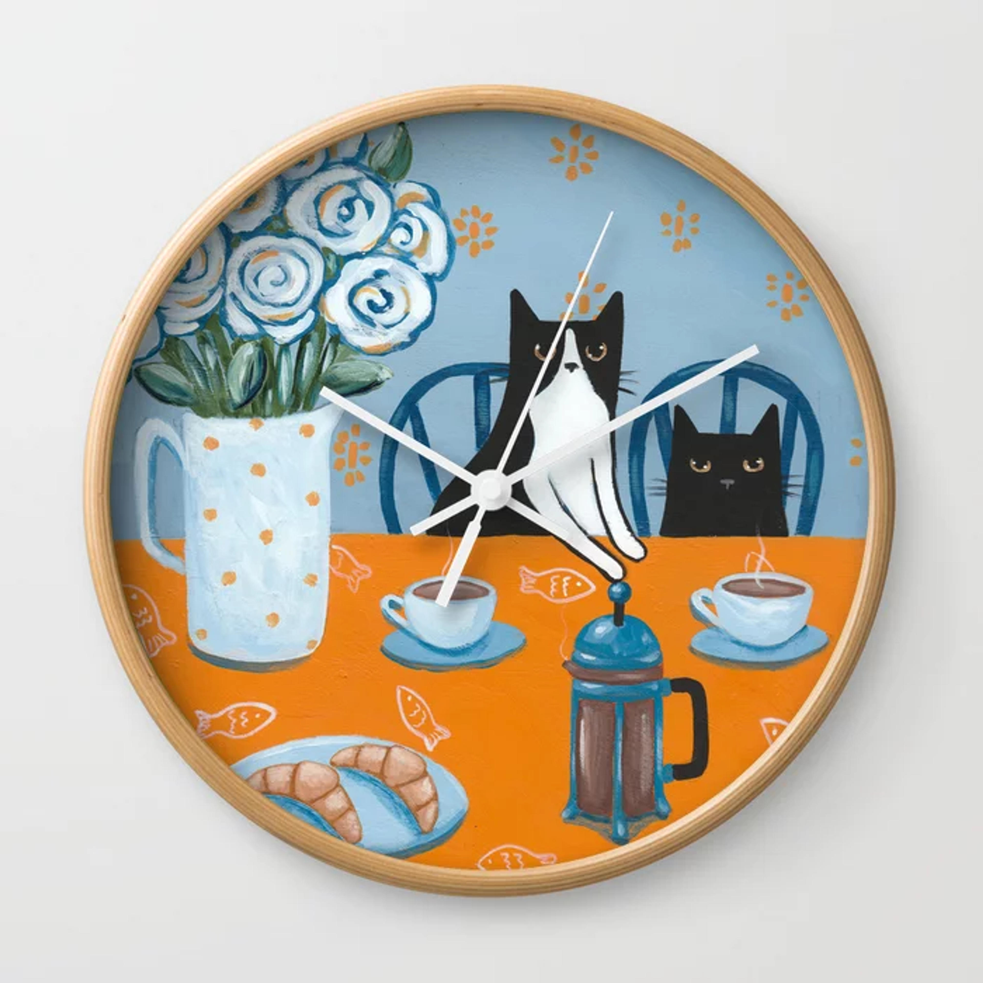 Cats and a French Press Wall Clock by kilkennycat