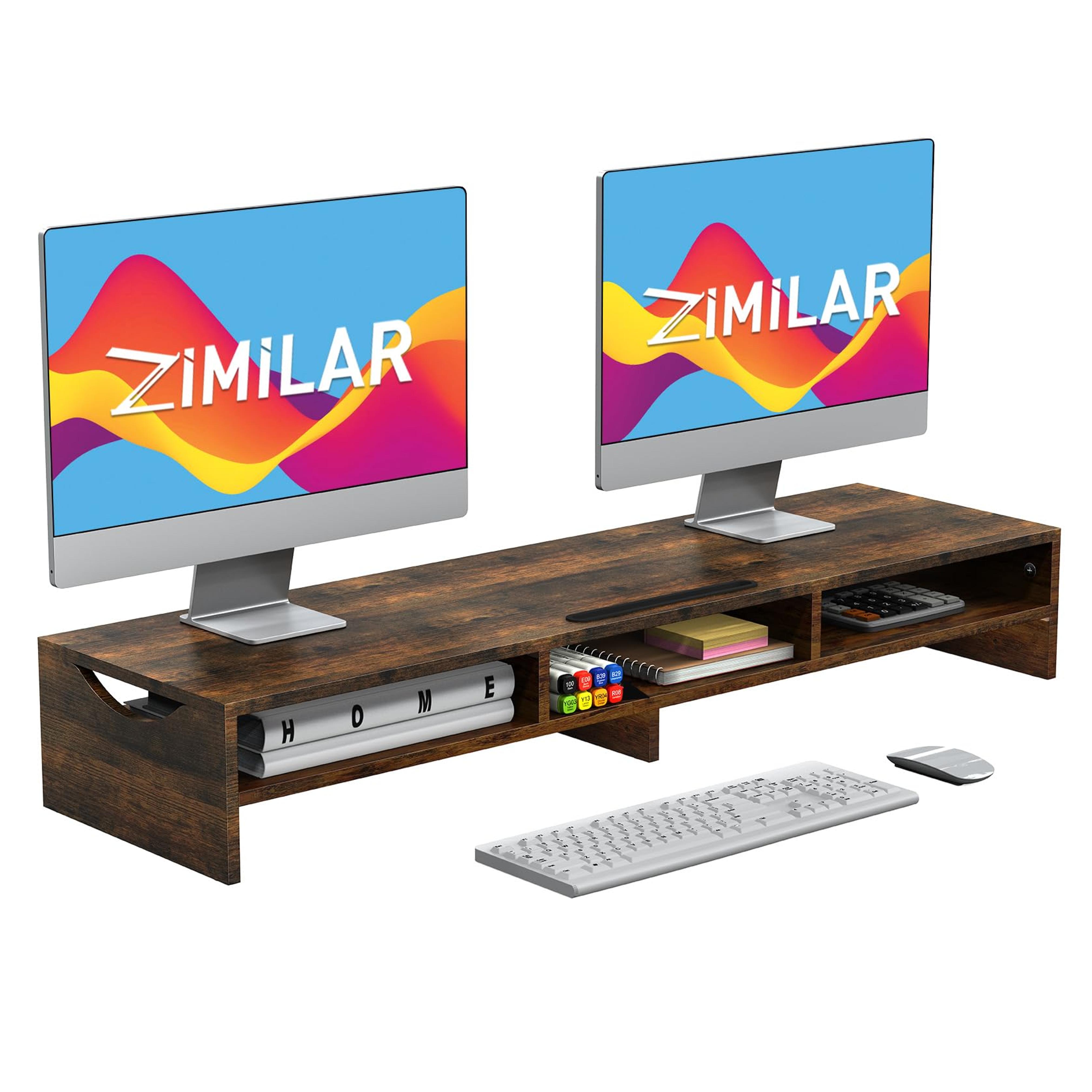 Zimilar Large Dual Monitor Stand Riser, 2 Tiers Monitor Stand with Cellphone Holder, Wood Monitor Riser with Storage for Computer,Laptop, Monitor Stand Riser for 2 Monitors, Shelf Organizer for Desk
