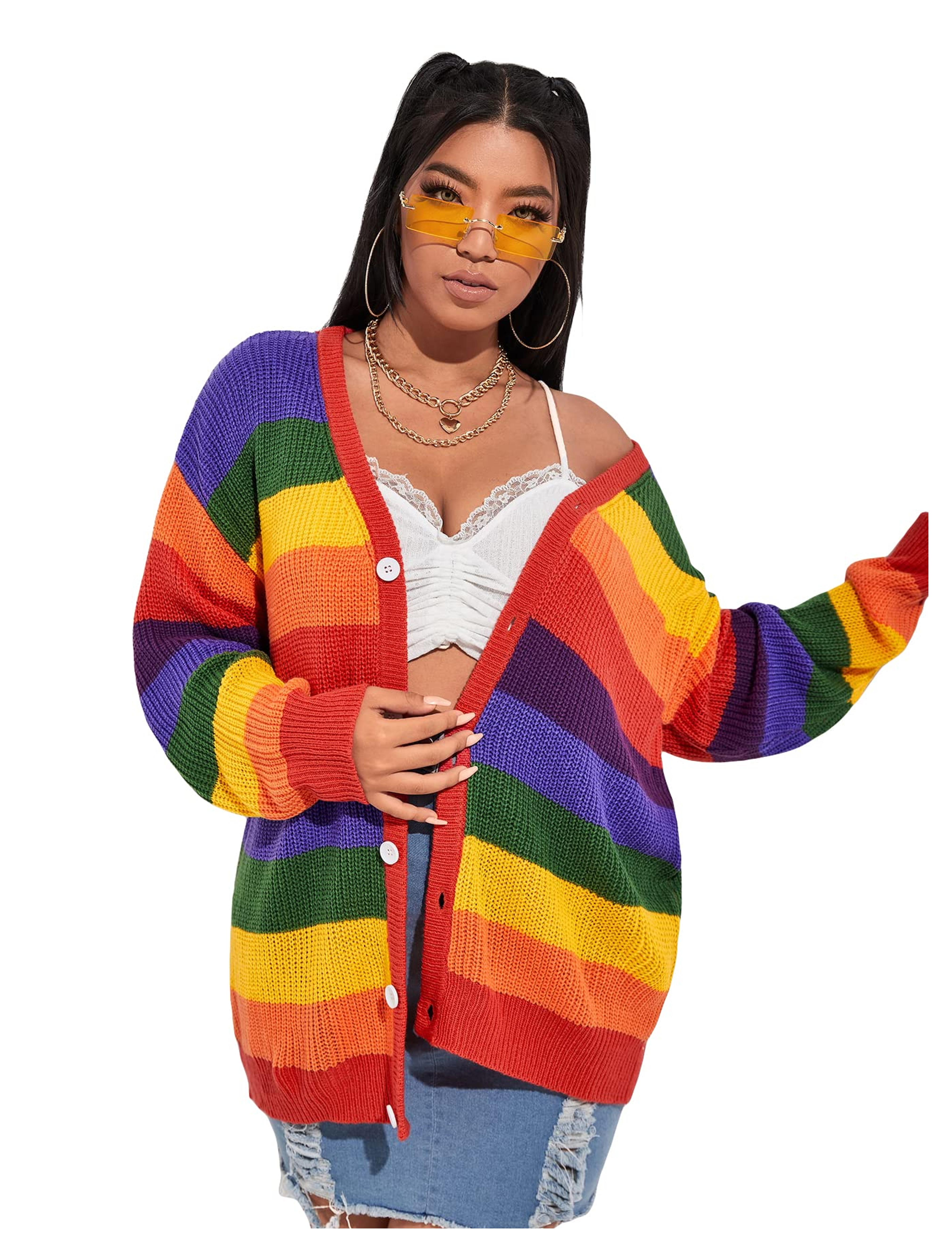 Milumia Women's Plus Size Rainbow Striped Button Up Long Sleeve Knit Cardigan Sweater Multicolor X-Large Plus at Amazon Women’s Clothing store