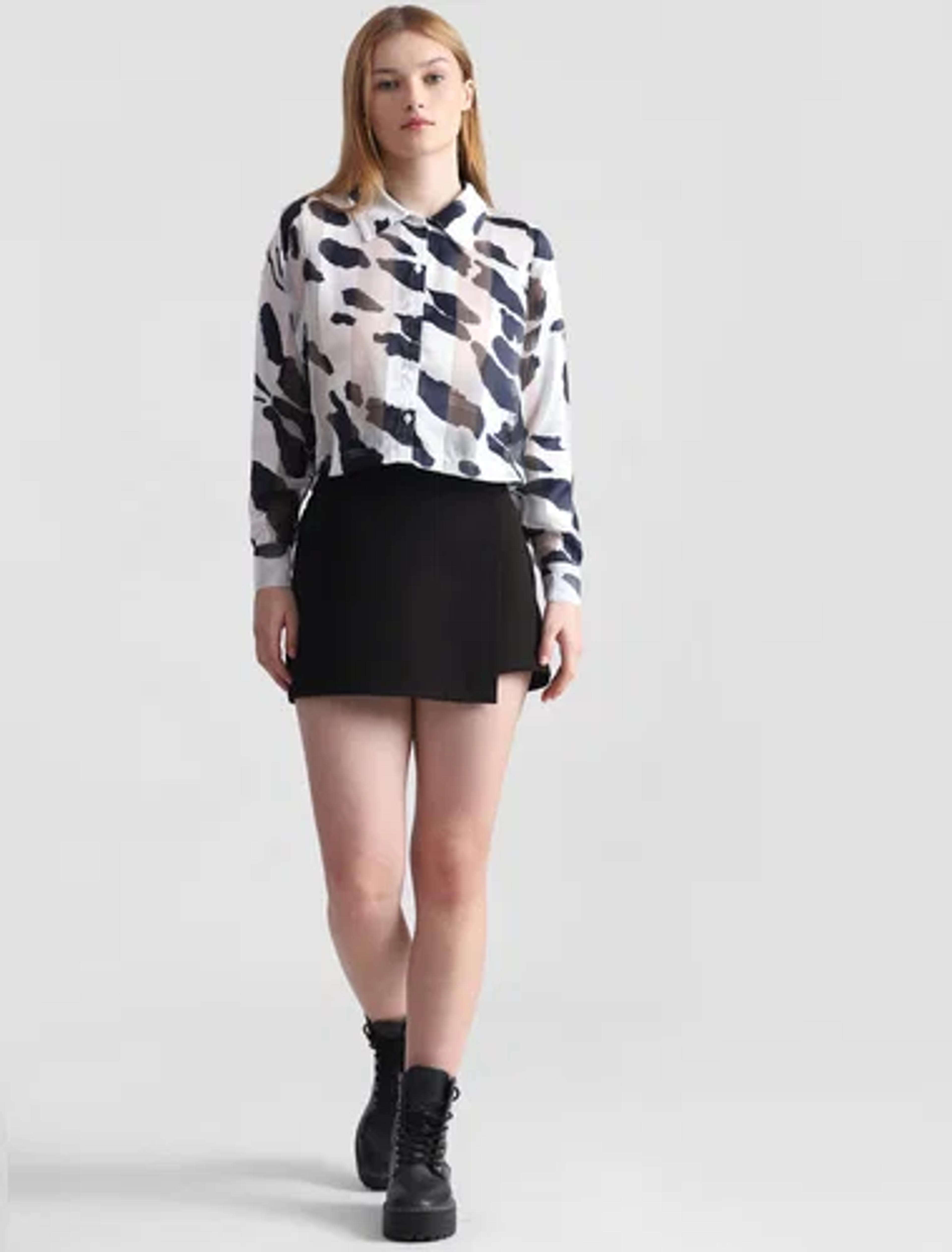 White & Black Printed Cropped Shirt