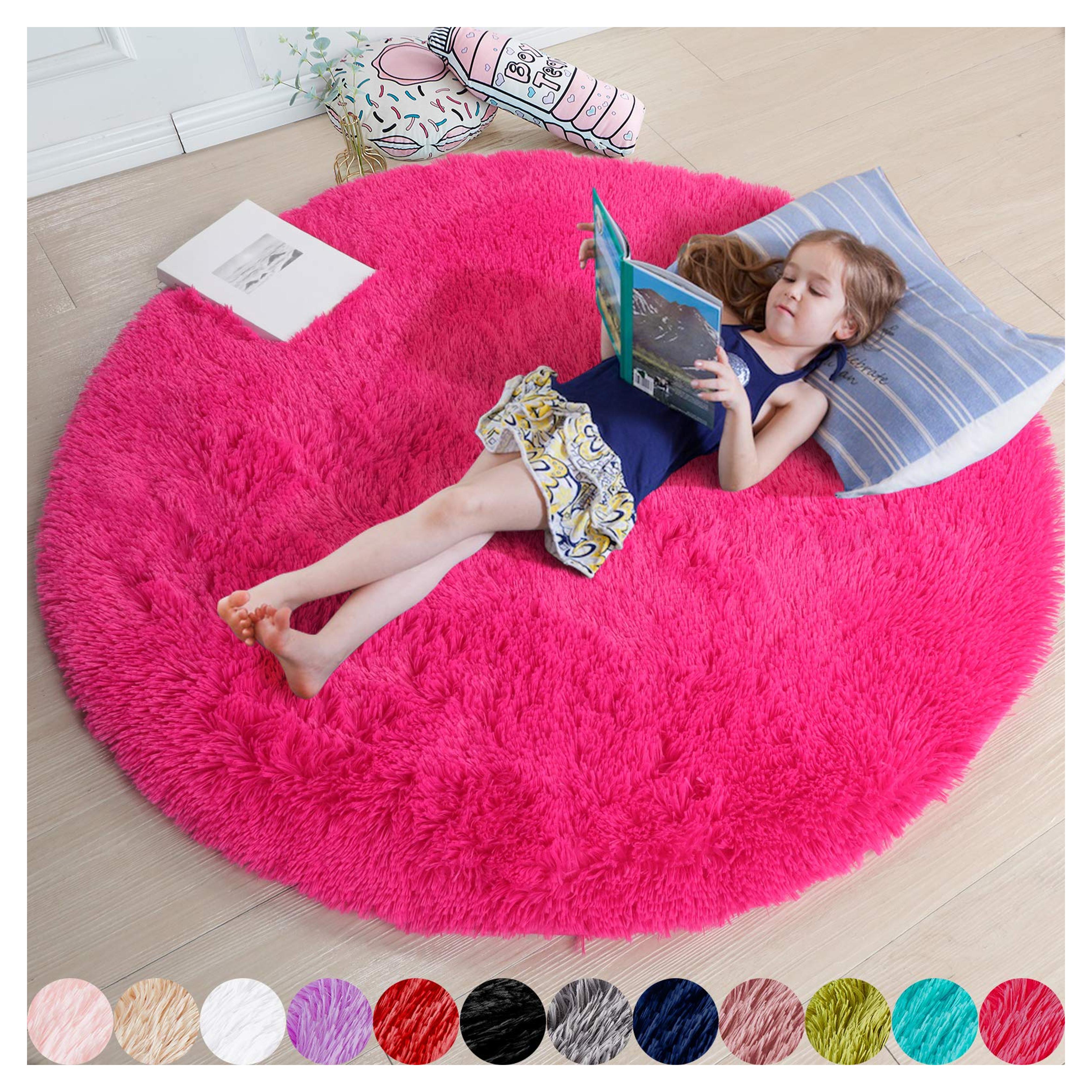 Hot Pink Round Rug for Girls Bedroom,Fluffy Circle Rug 4'X4' for Kids Room,Furry Carpet for Teen Girls Room,Shaggy Circular Rug for Nursery Room,Fuzzy Plush Rug for Dorm,Pink Carpet,Cute Room Decor