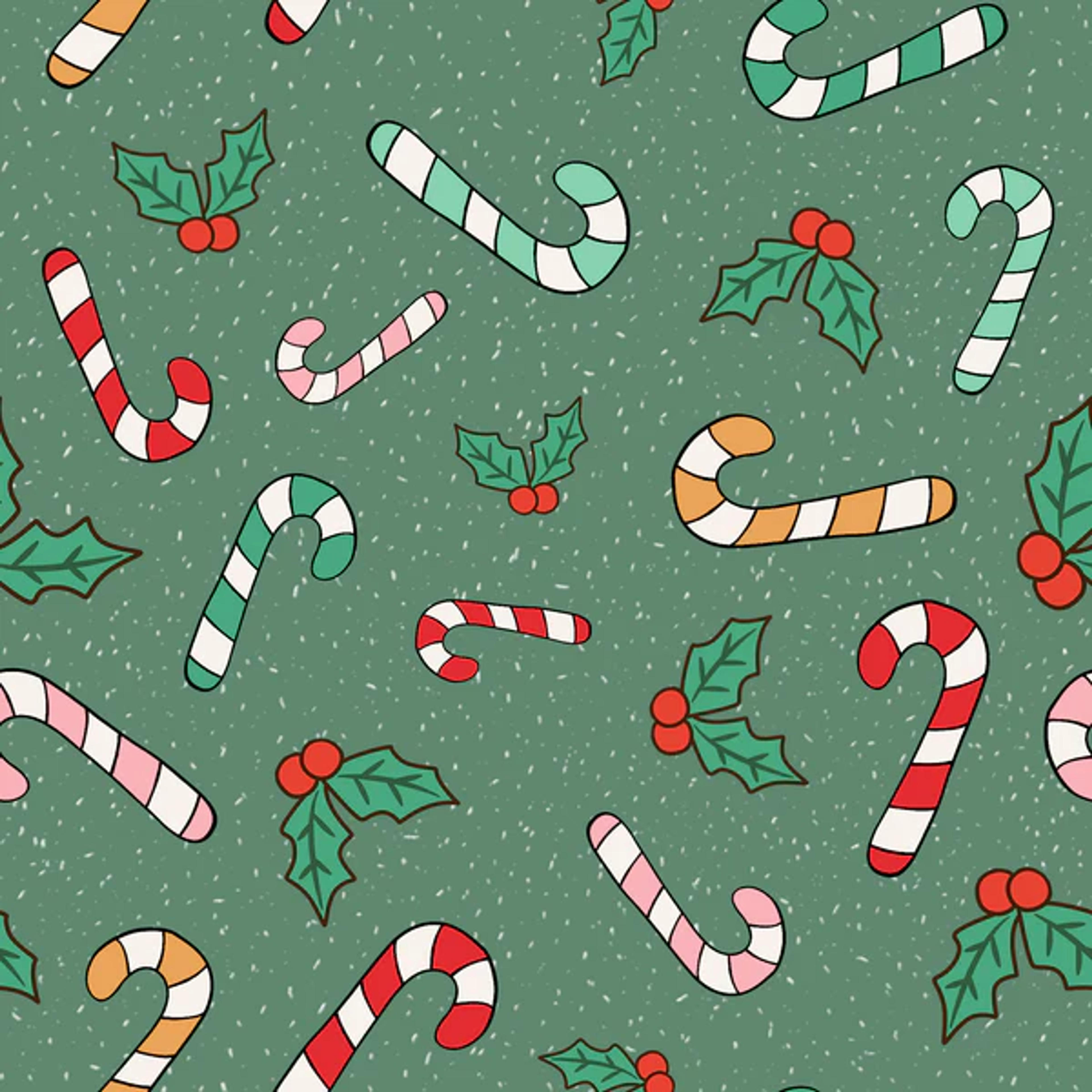 Candy Canes and Christmas Holly on Green