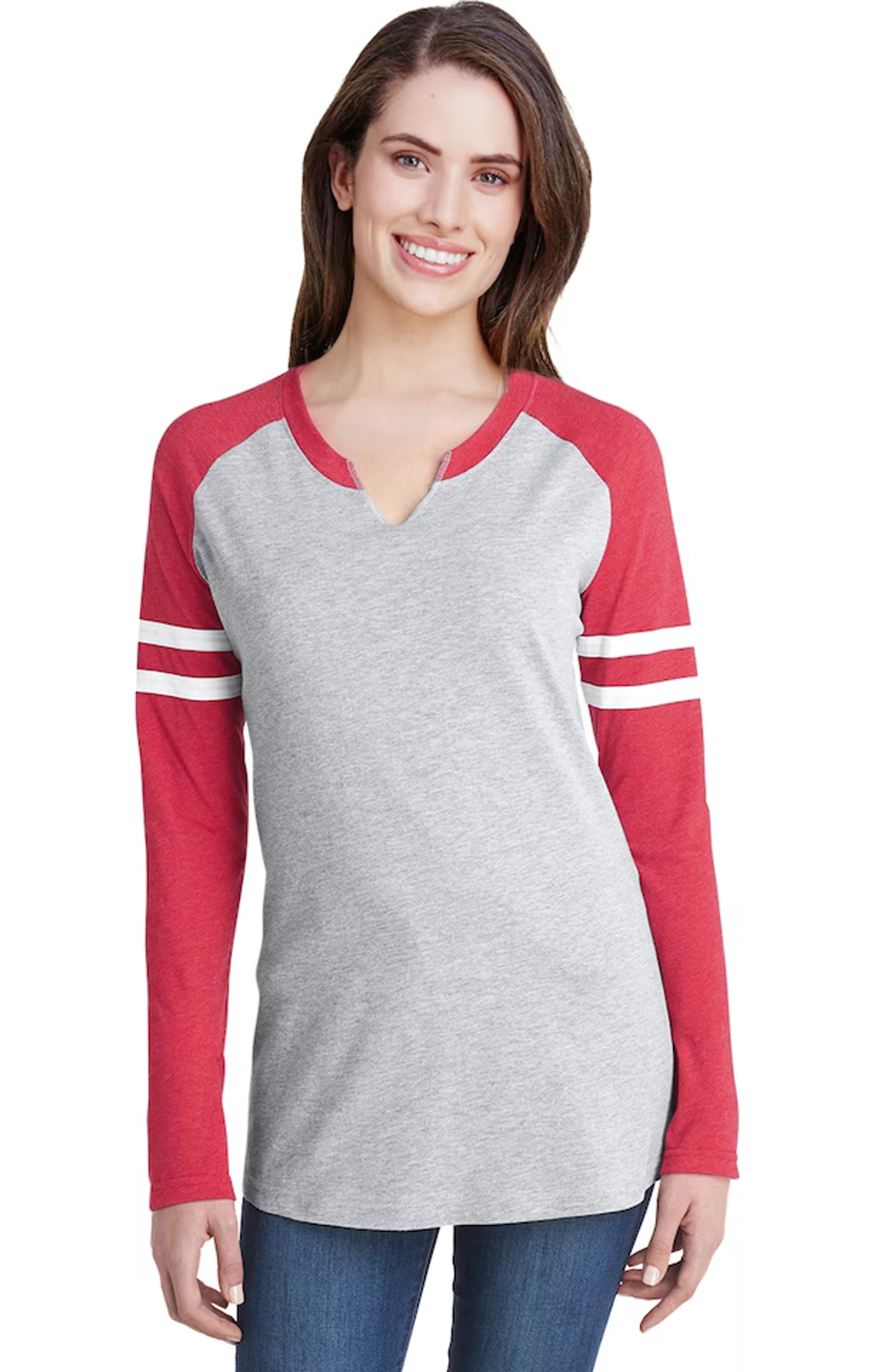 LAT 3534 Vintage Heather / Vintage Red / W Ladies' Gameday Mash-Up Long Sleeve Fine Jersey T-Shirt | JiffyShirts