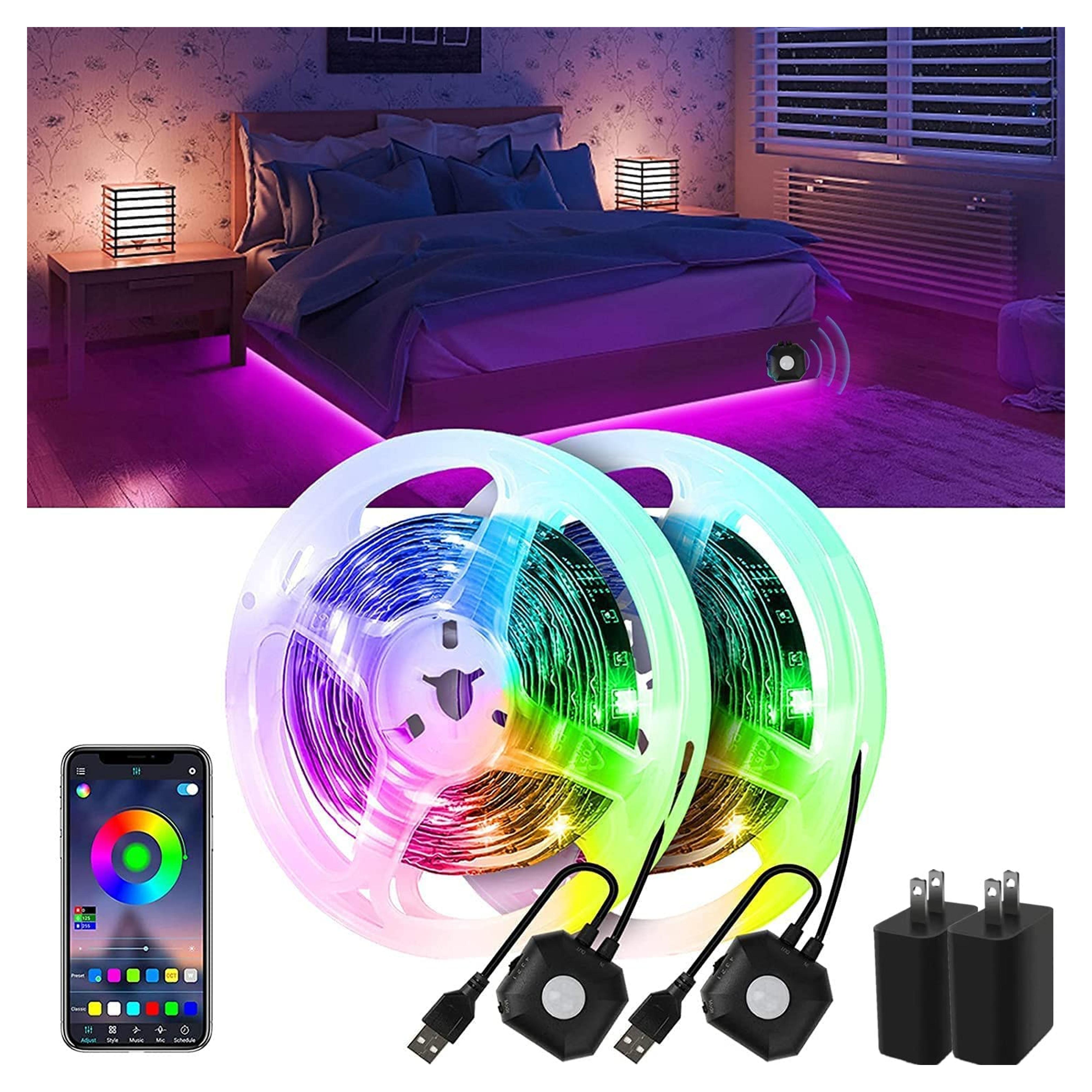 Motion Activated Under Bed Lights, Auplf 2x9.84ft 5050 RGB Color Changing LED Strip Lights with Sensor, APP Control and Music Sync, Dimmable Night Light with Automatic Shut Off Timer for Bedroom 19.68ft light strip