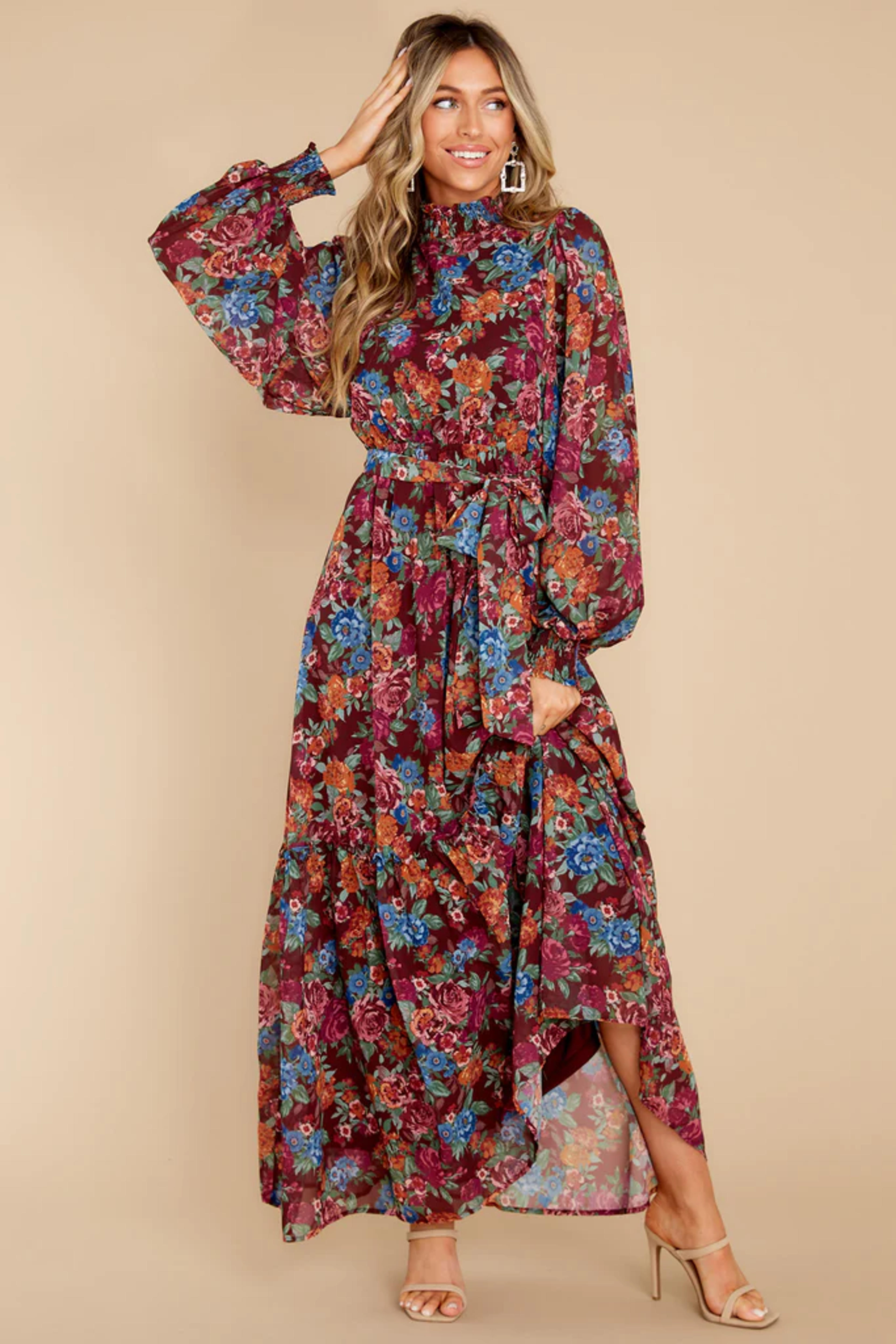 Flowy Cranberry Floral Print Maxi Dress - Fall Favorites | Red Dress