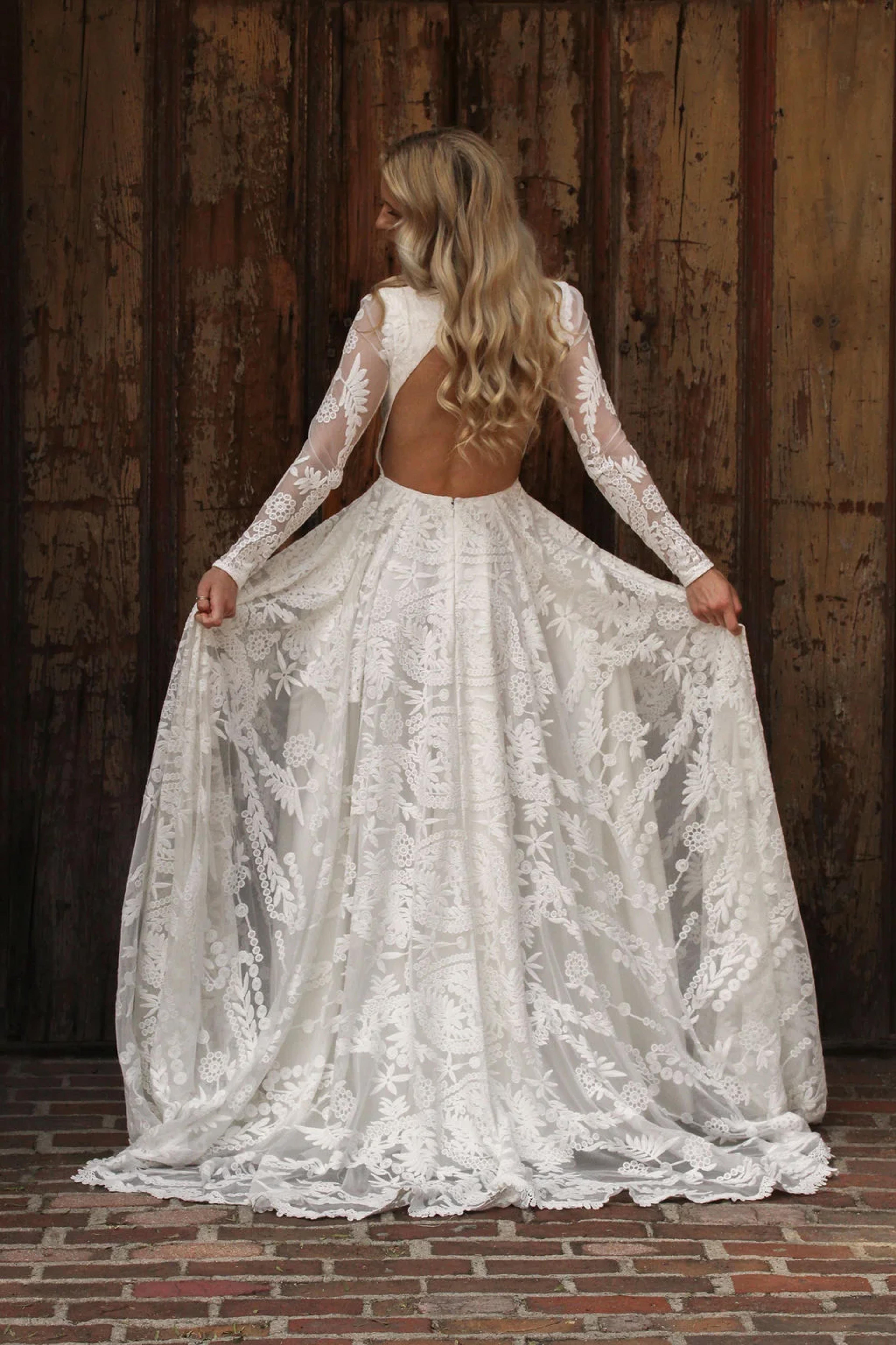 River Long Sleeve Lace Wedding Dress with Pockets