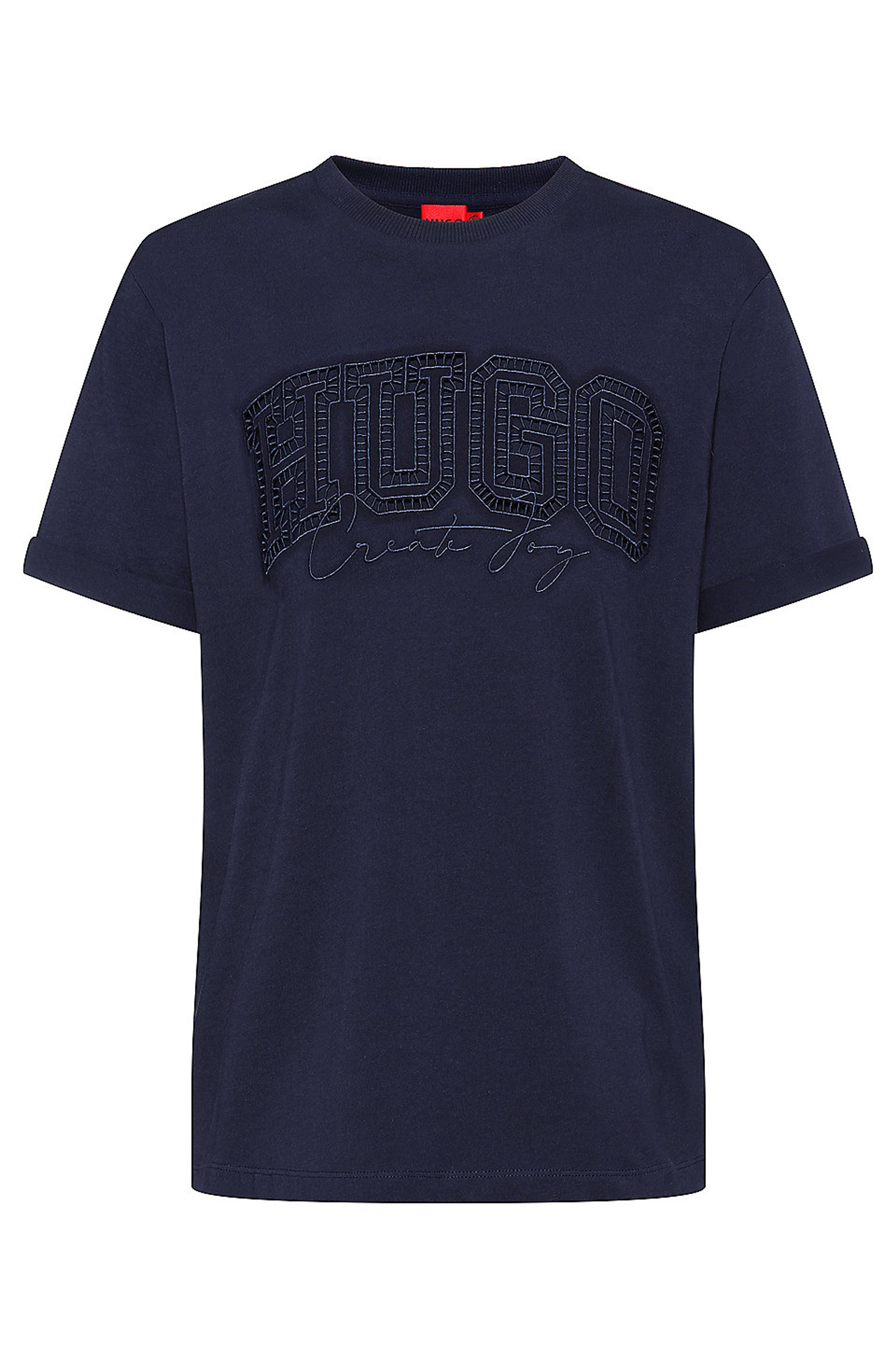 HUGO - Organic-cotton T-shirt with eyelet-embroidered logo