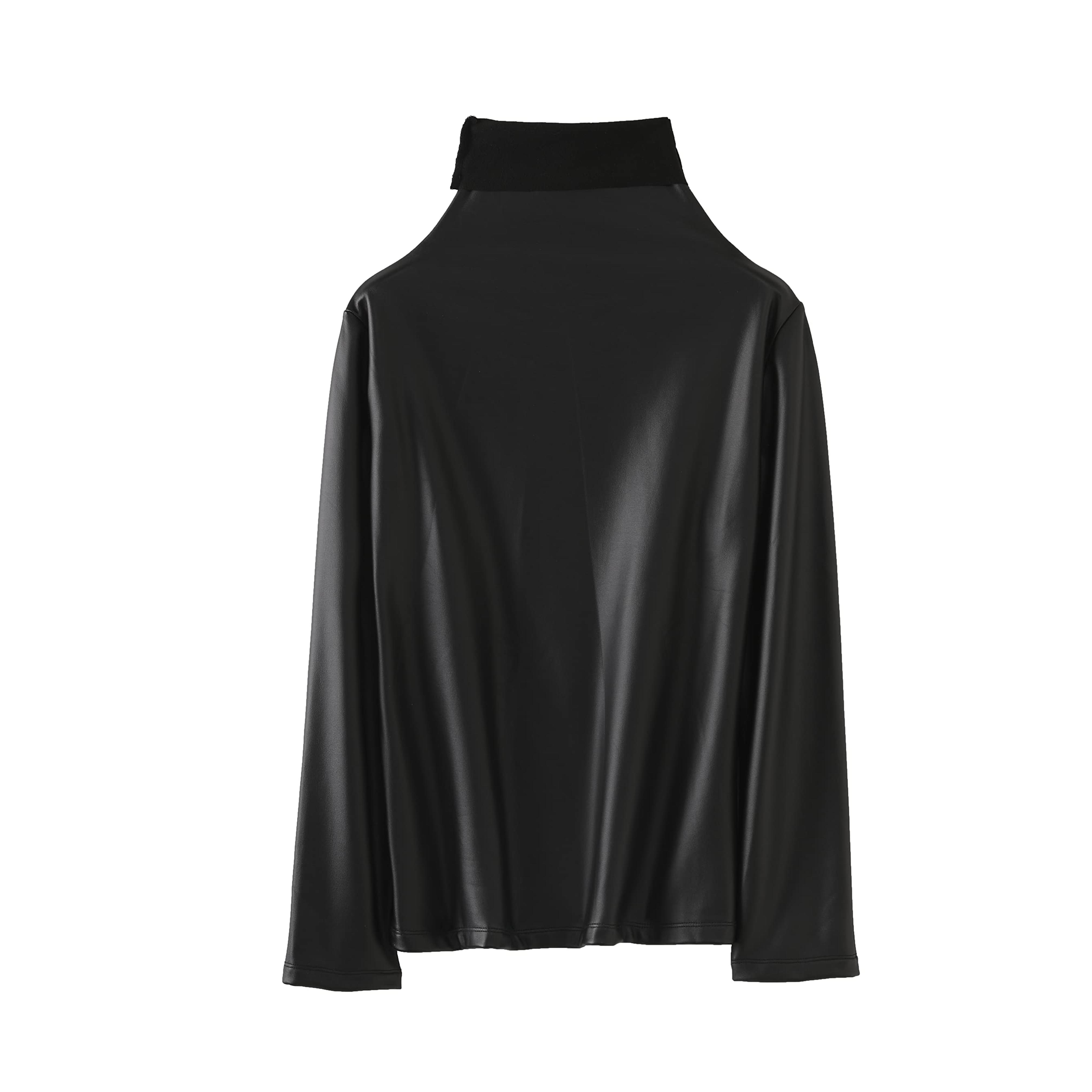 HROICGON Women Slim Turtleneck Faux Leather Long Sleeve Blouse Top Shirt Black XL