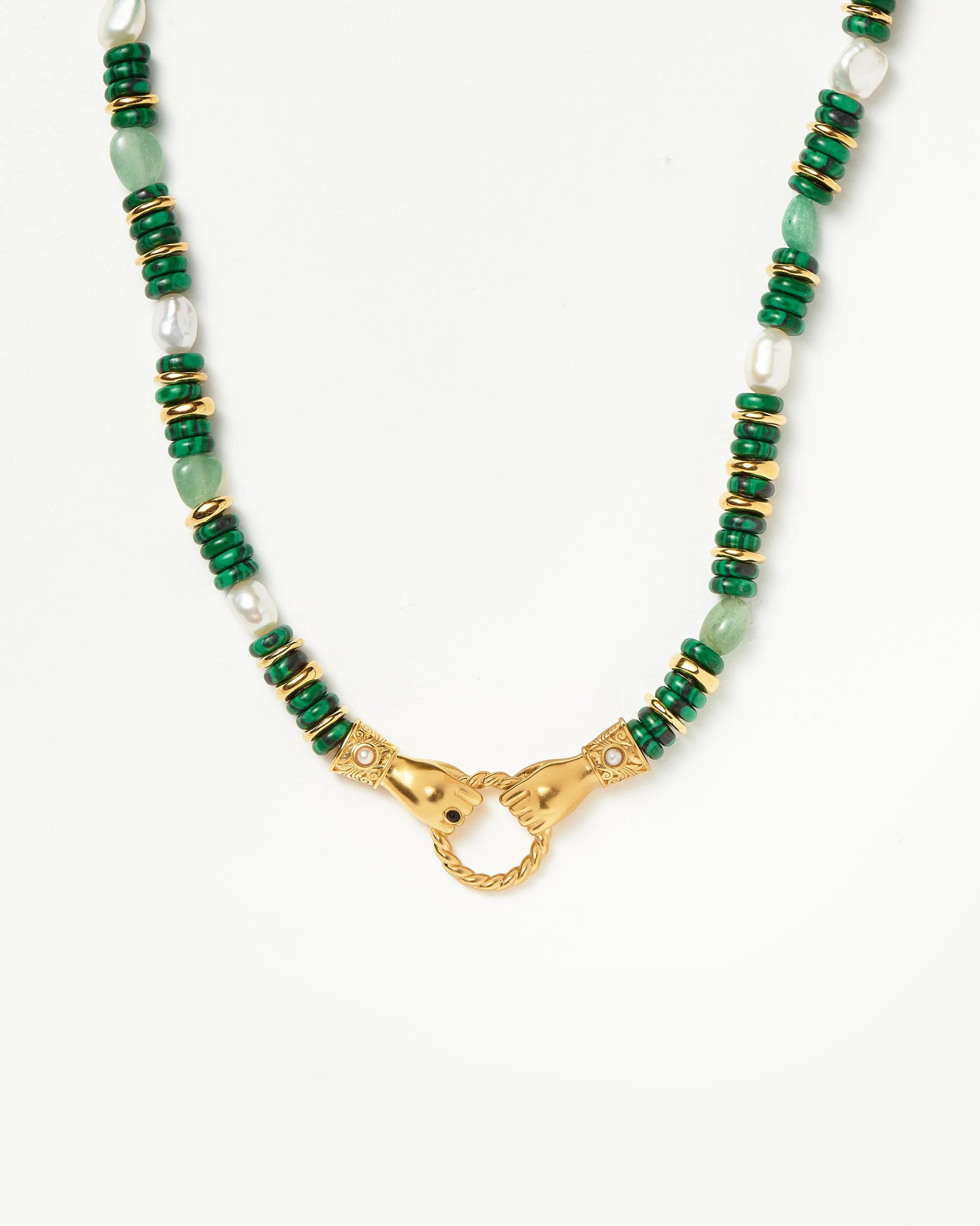 Harris Reed In Good Hands Chunky Beaded Gemstone Necklace | 18ct Gold Plated/Multi Green Gemstone & Pearl | Necklaces