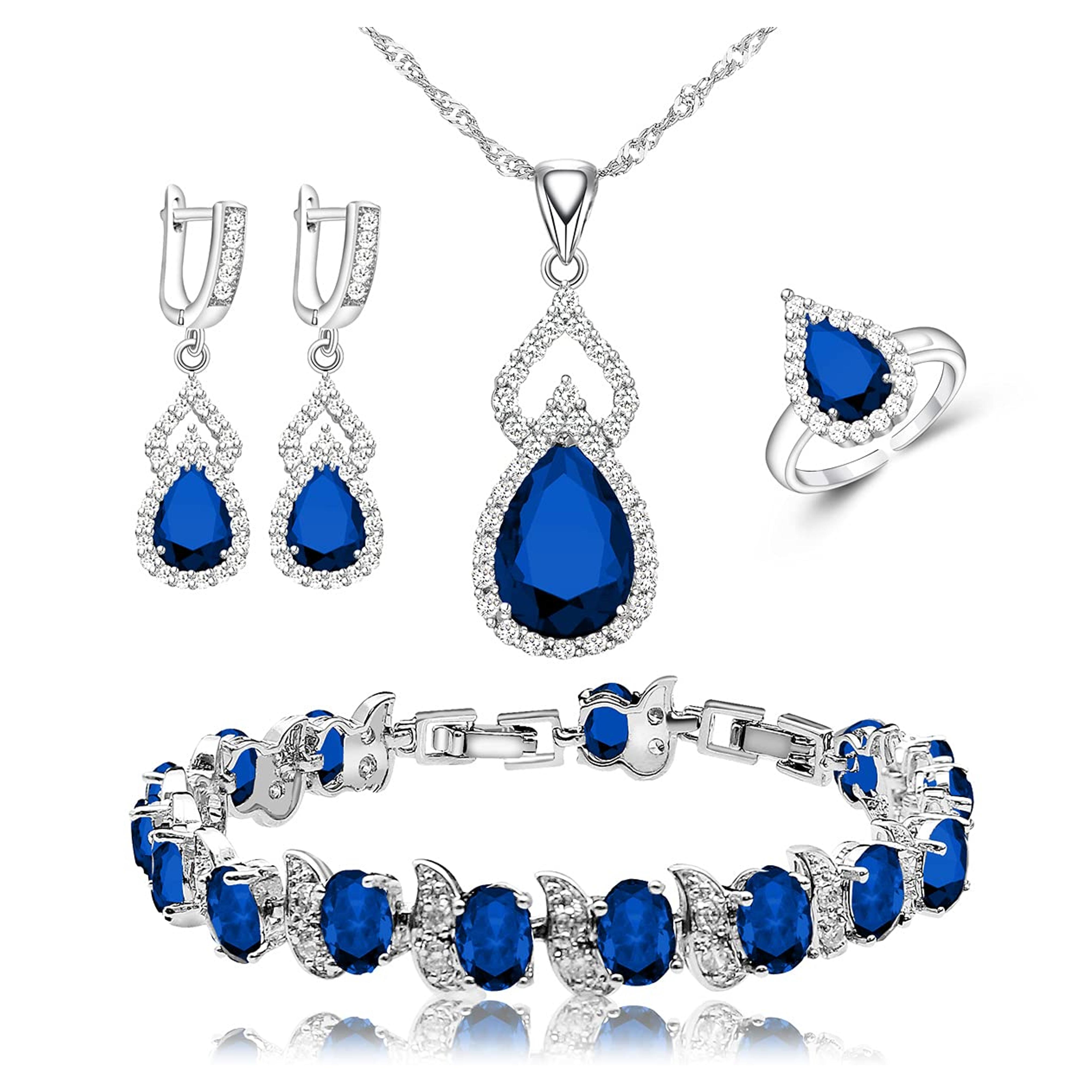 LMXXVJ Women Jewelry Set Platinum Plated Necklace Open Ring Earrings Bracelet Set,Birthday/Anniversary Mother’s Day Jewelry Gifts for Mom/Wife/Sister/Best Friend (blue, Adjustable)