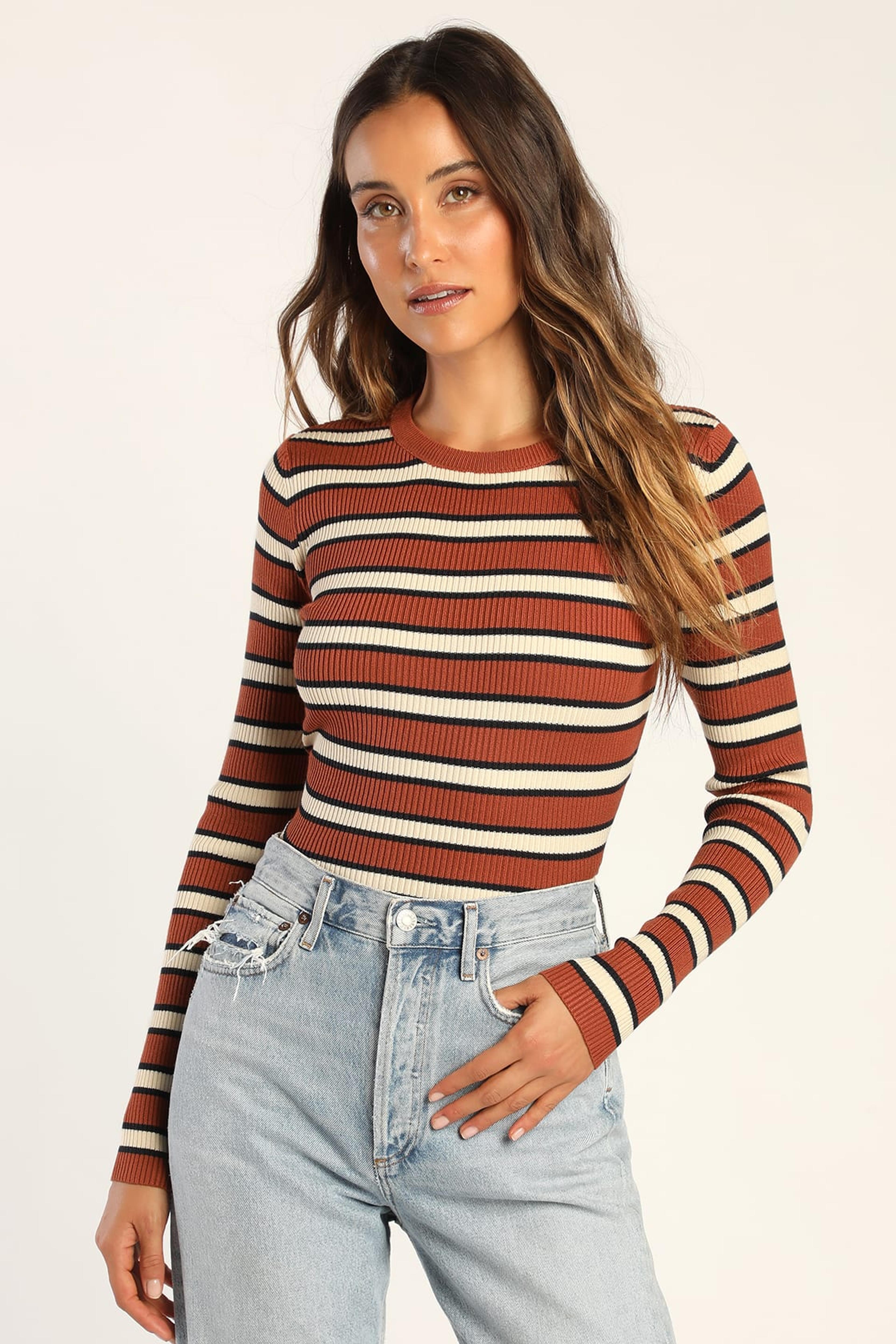 Rust Brown Sweater - Striped Sweater - Ribbed Knit Sweater - Lulus