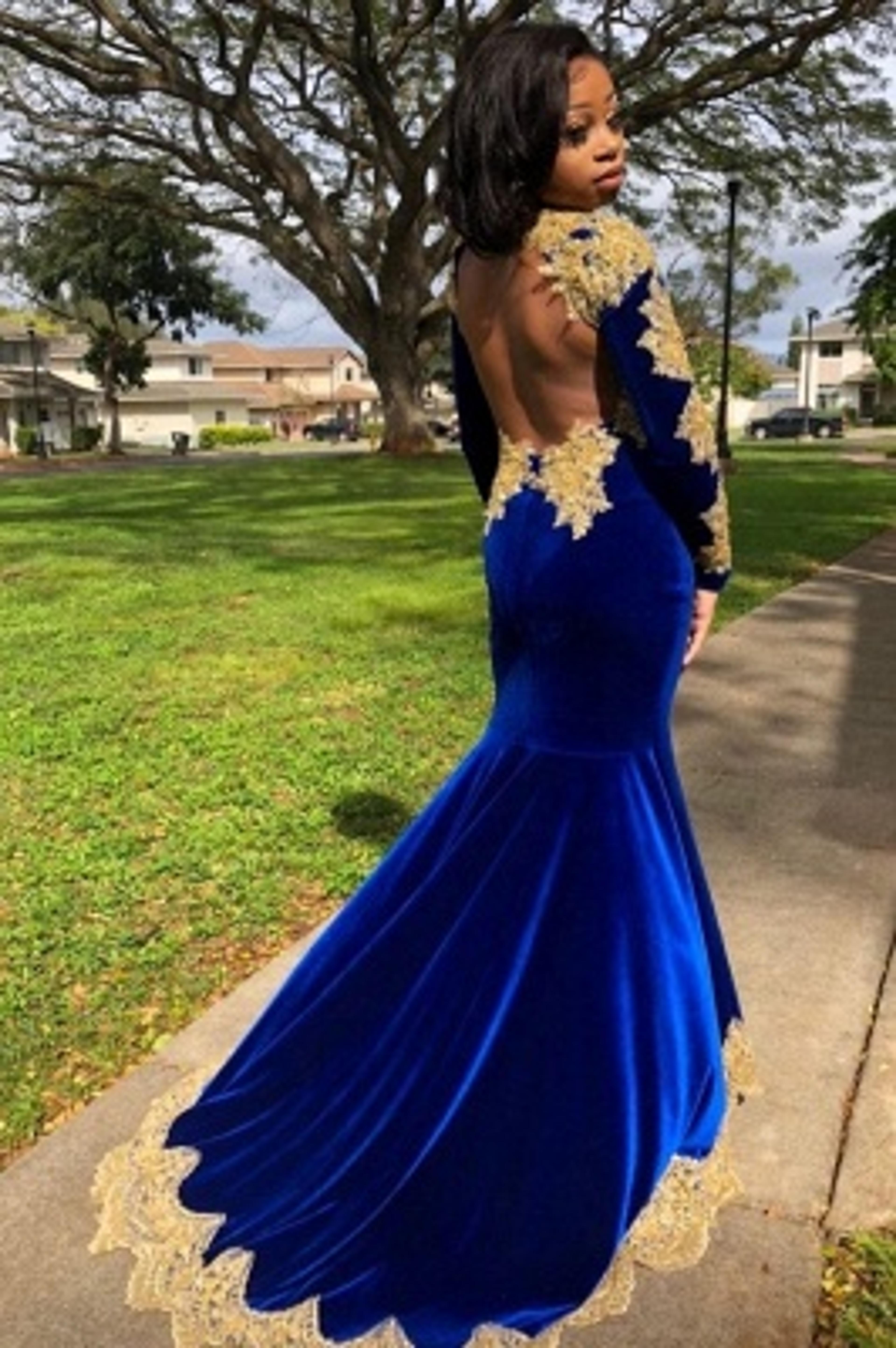 Velvet Long Sleeve Mermaid Evening Gowns Side Split Gold Apliques Prom Dress Royal Blue | Babyonlinewholesale