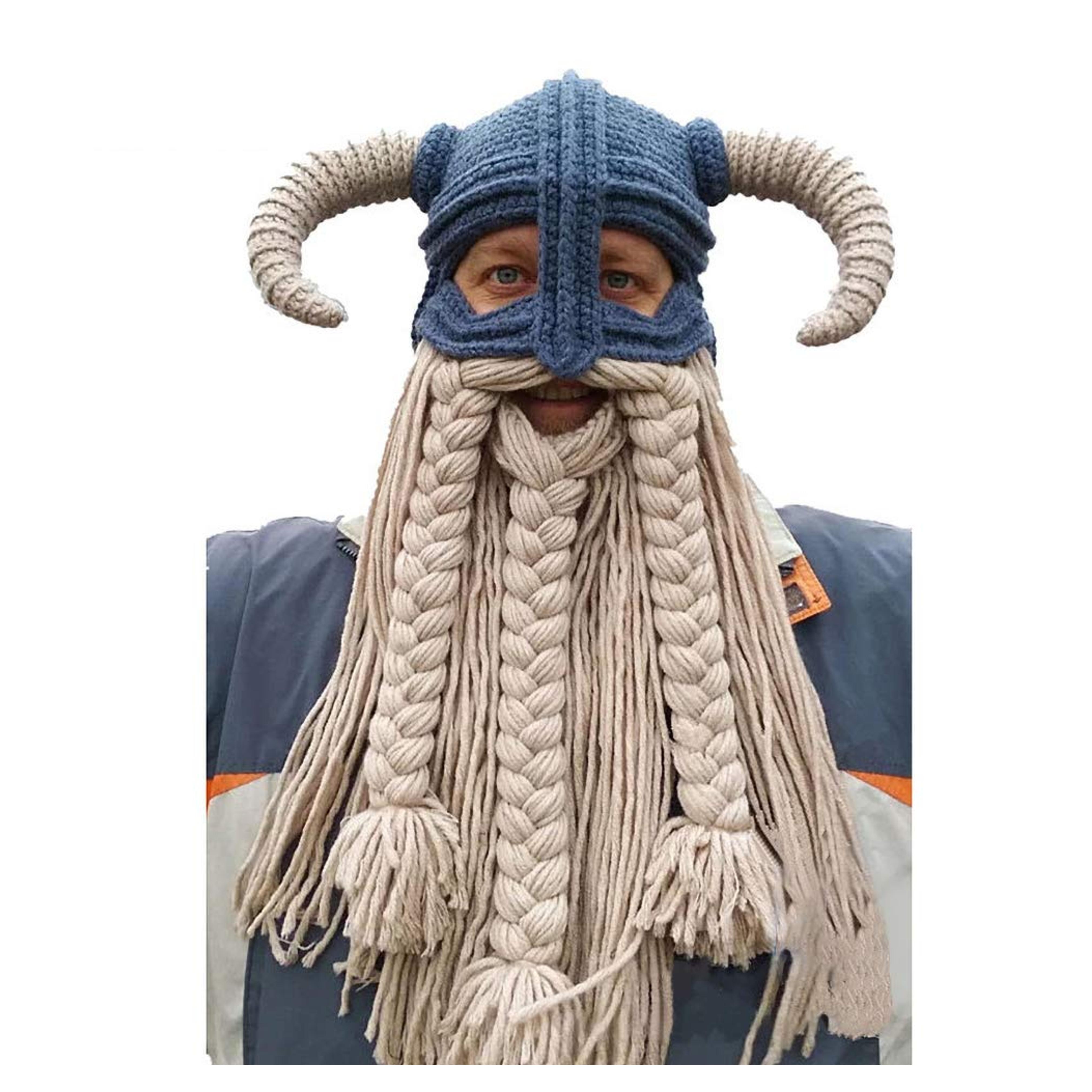 Adult Beard Viking Knit Hat Barbarian Bull Horn Crochet Beanie Handmade Wig Facemask Beanie for Men Warm Funny Ski Cap