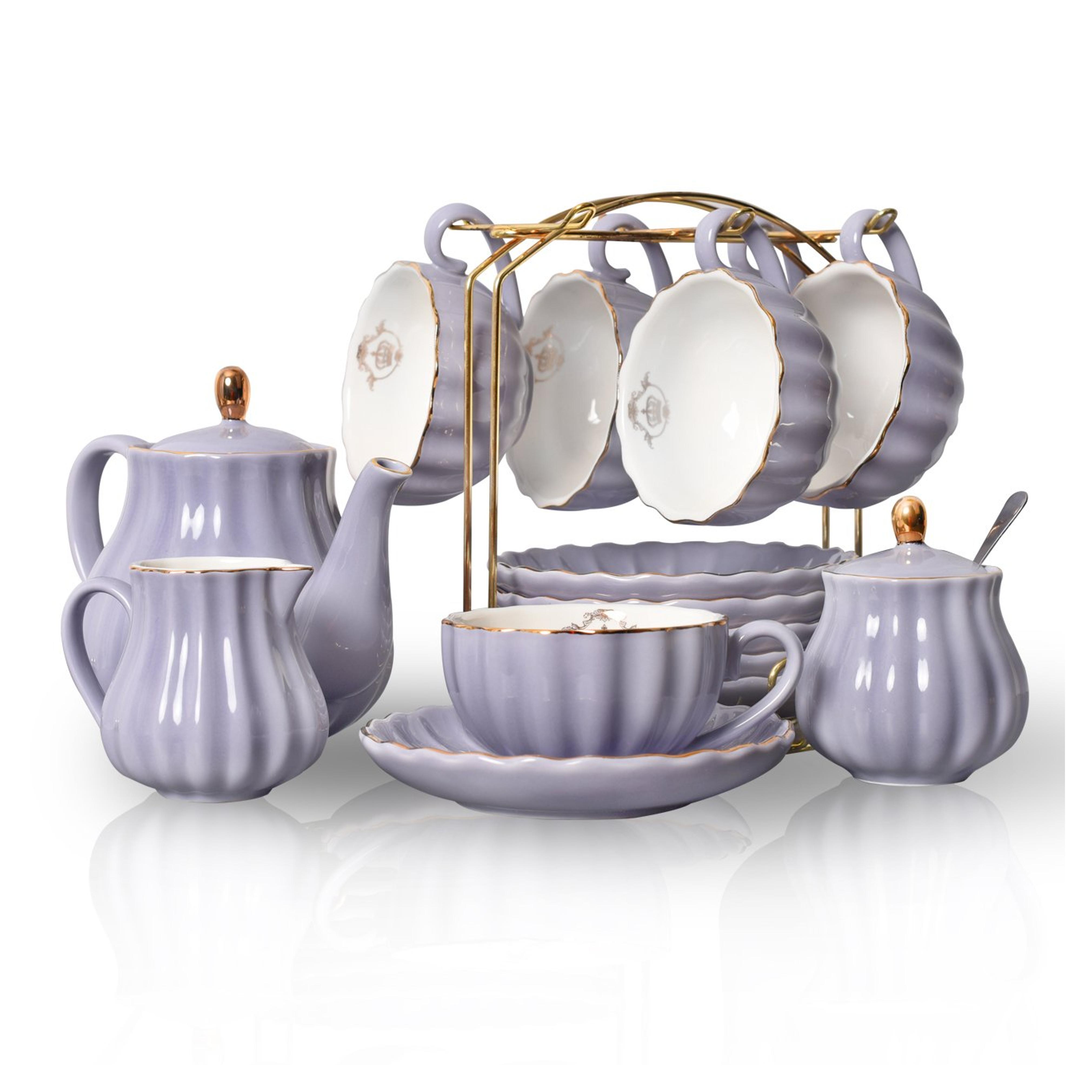 Porcelain Tea Sets British Royal Series, 8 OZ Cups& Saucer Service for 6, with Teapot Sugar Bowl Cream Pitcher Teaspoons and tea strainer for Tea/Coffee, Pukka Home(purple)