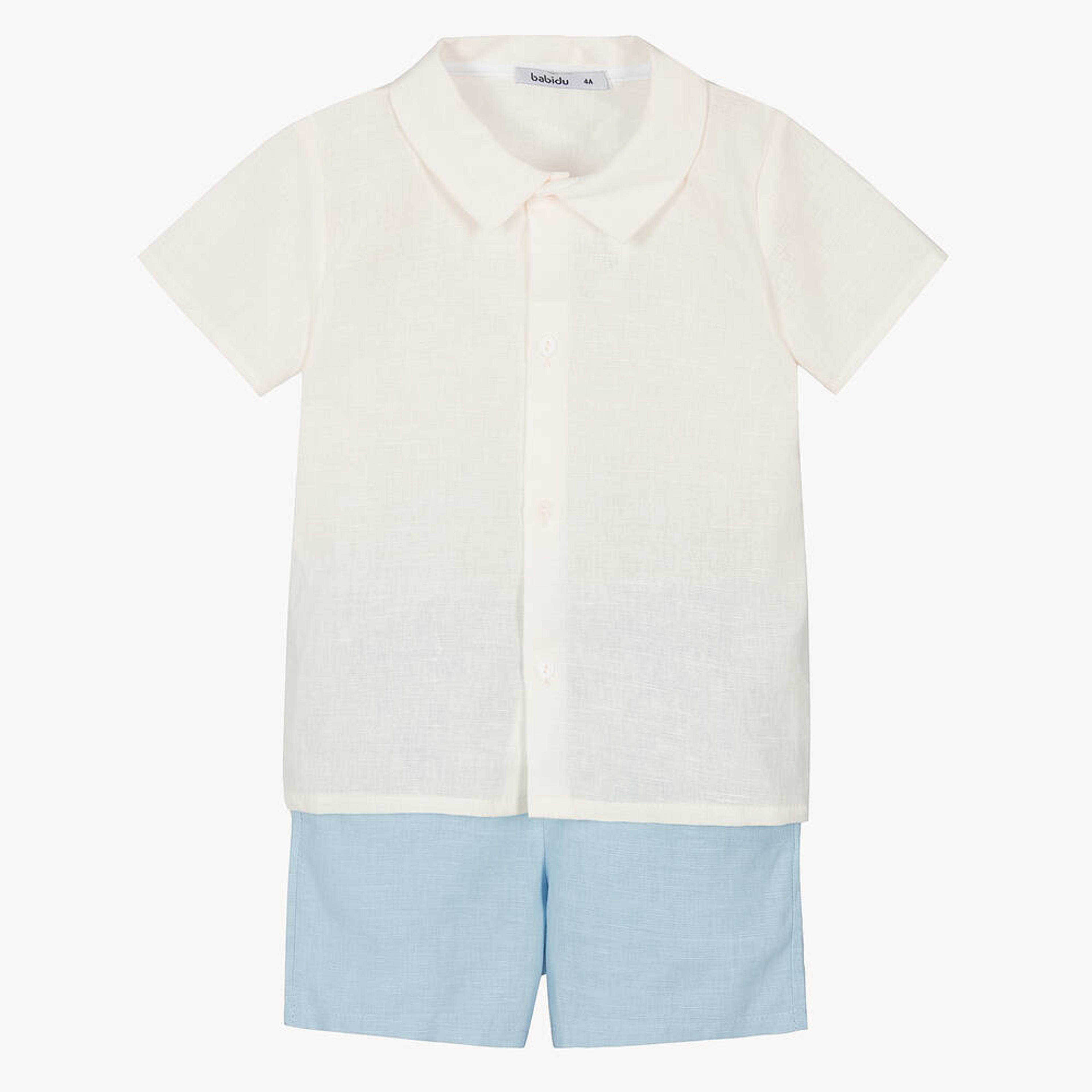 Boys Ivory & Blue Cotton Shorts Set