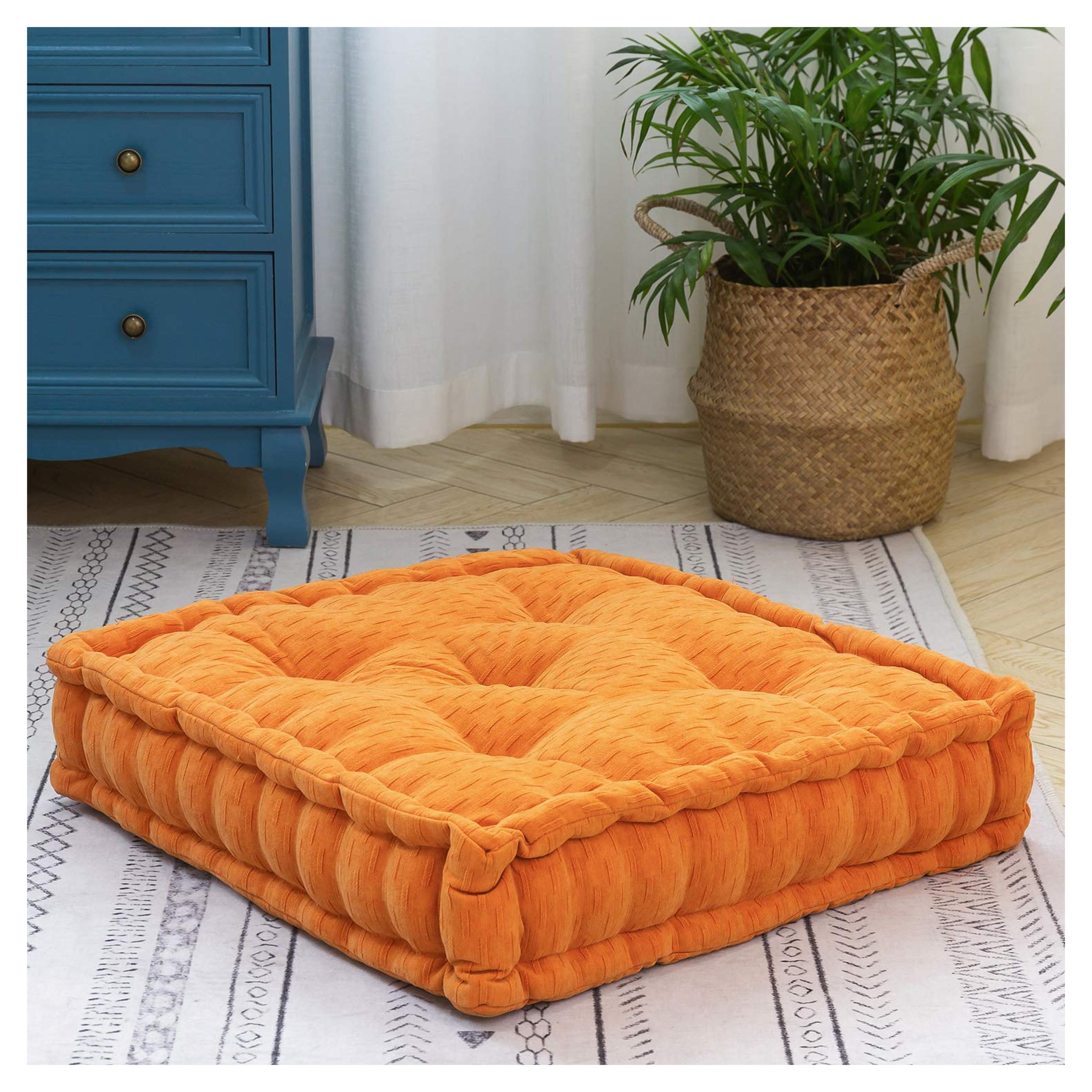HIGOGOGO Floor Cushion Pouf, Square Floor Pillow Seating Chenille Meditation Cushion, Thick Tufted Pillows for Living Room Yoga Bedroom Sofa, Orange, 20"x20"x5.5" 20"x20" Orange
