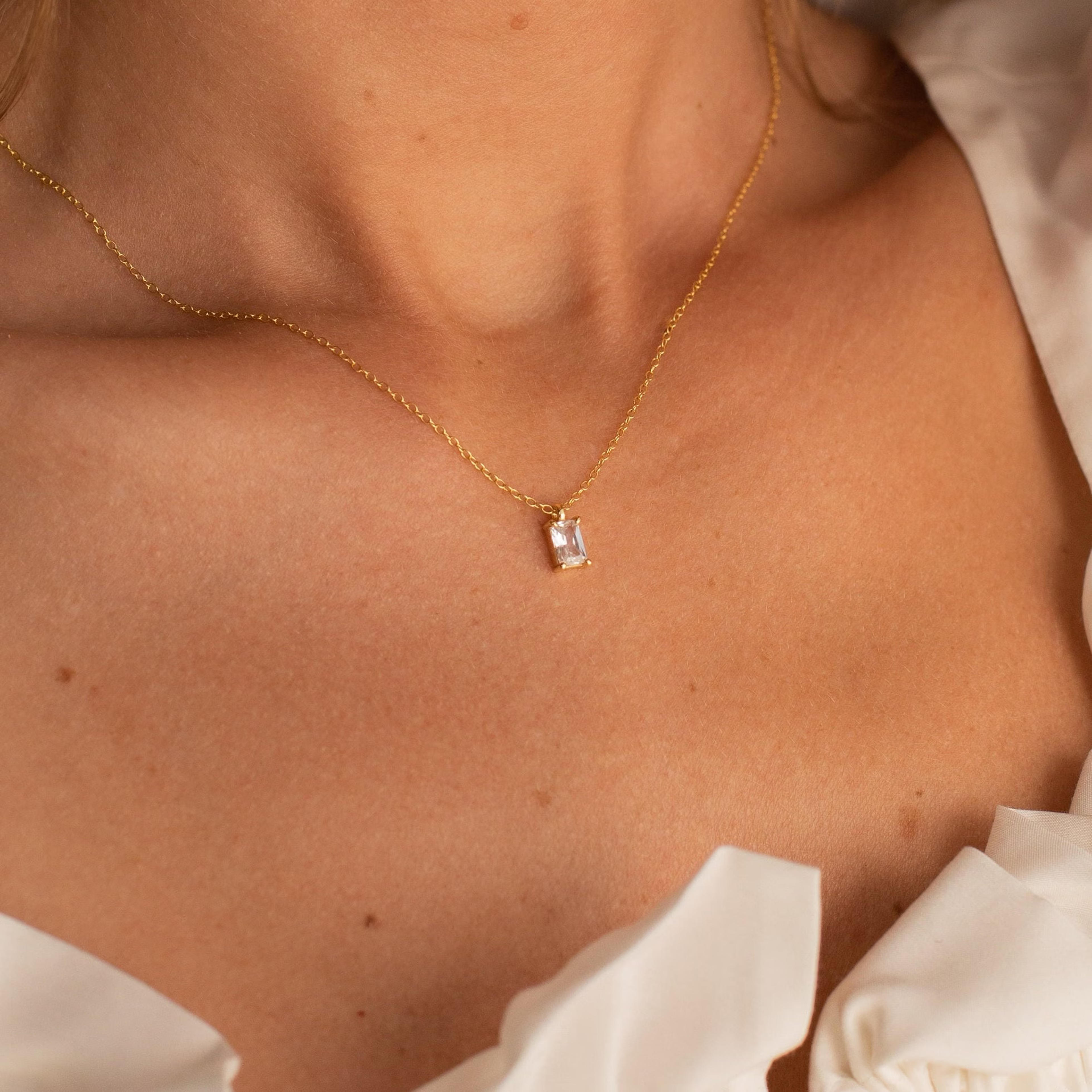 Diamond Necklace by Caitlyn Minimalist Dainty Emerald Cut Pendant Necklace Minimalist Necklace Bridesmaid Wedding Jewelry NR068 - Etsy