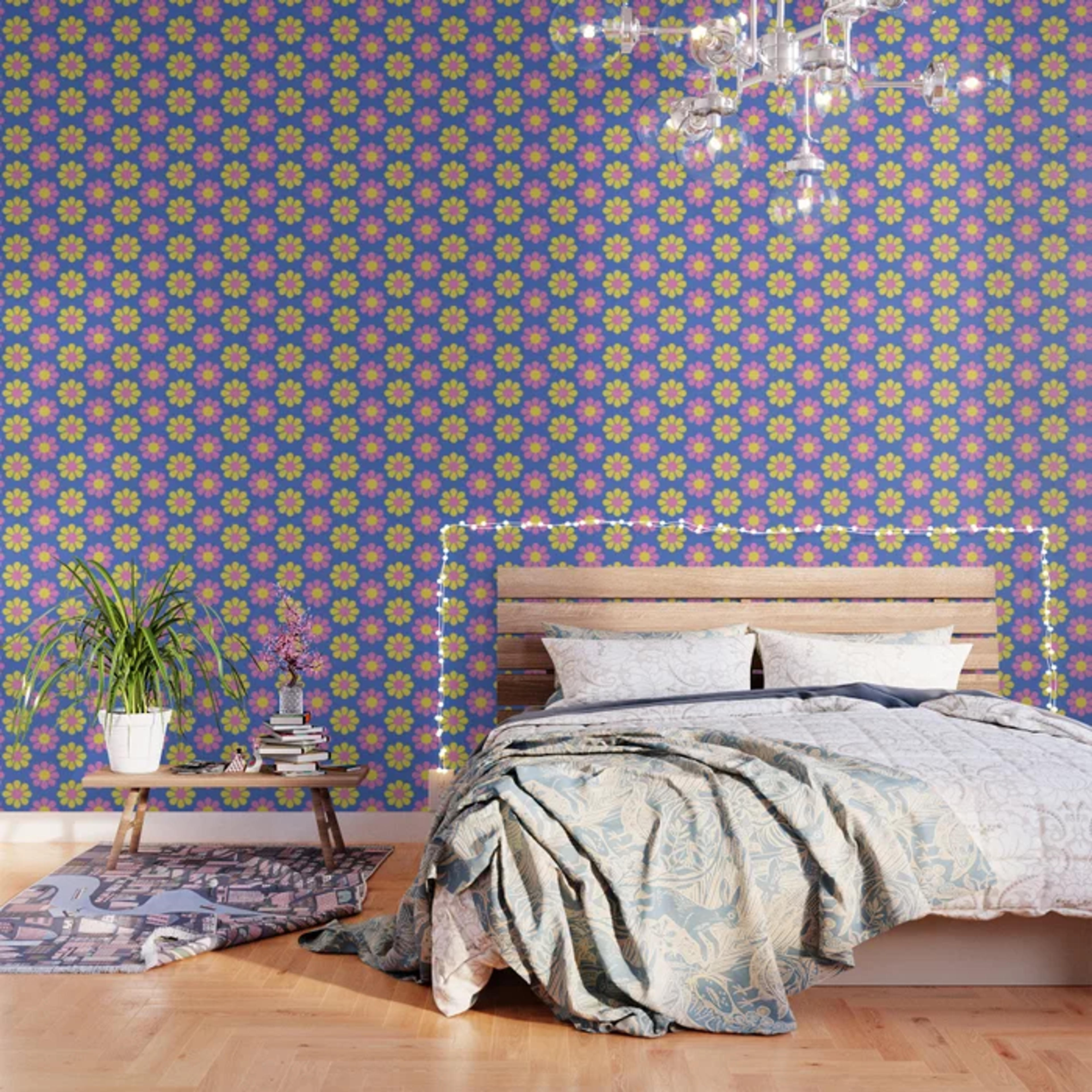 Retro Mod Pop Flowers in Blue and Yellow Wallpaper by OpalEllery | Society6