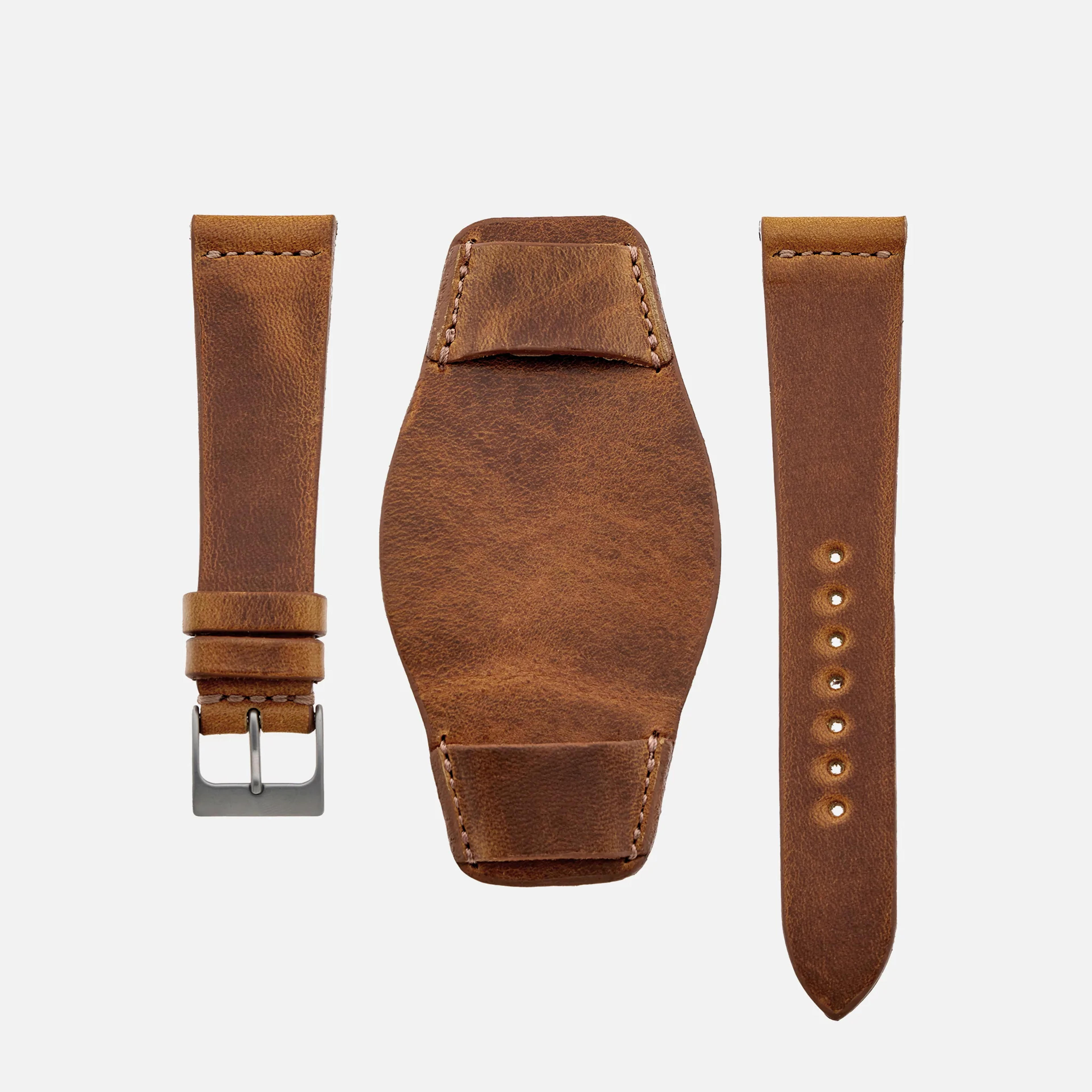 The Heaton Unlined Leather Bund Strap In Faded Brown Calfskin - 19mm