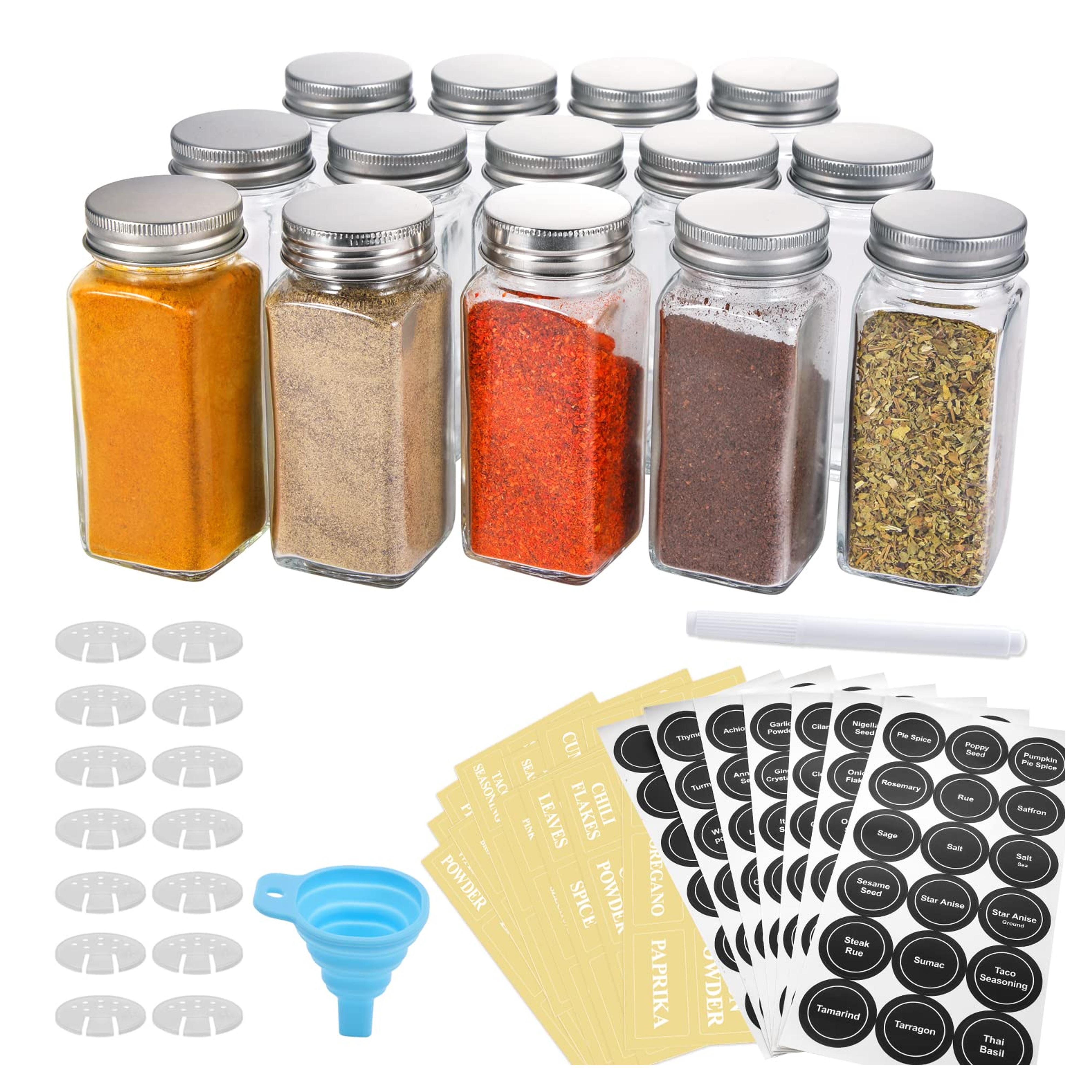 AOZITA 14 Pcs Glass Spice Jars with Spice Labels - 4oz Empty Square Spice Bottles - Shaker Lids and Airtight Metal Caps - Chalk Marker and Silicone Collapsible Funnel Included