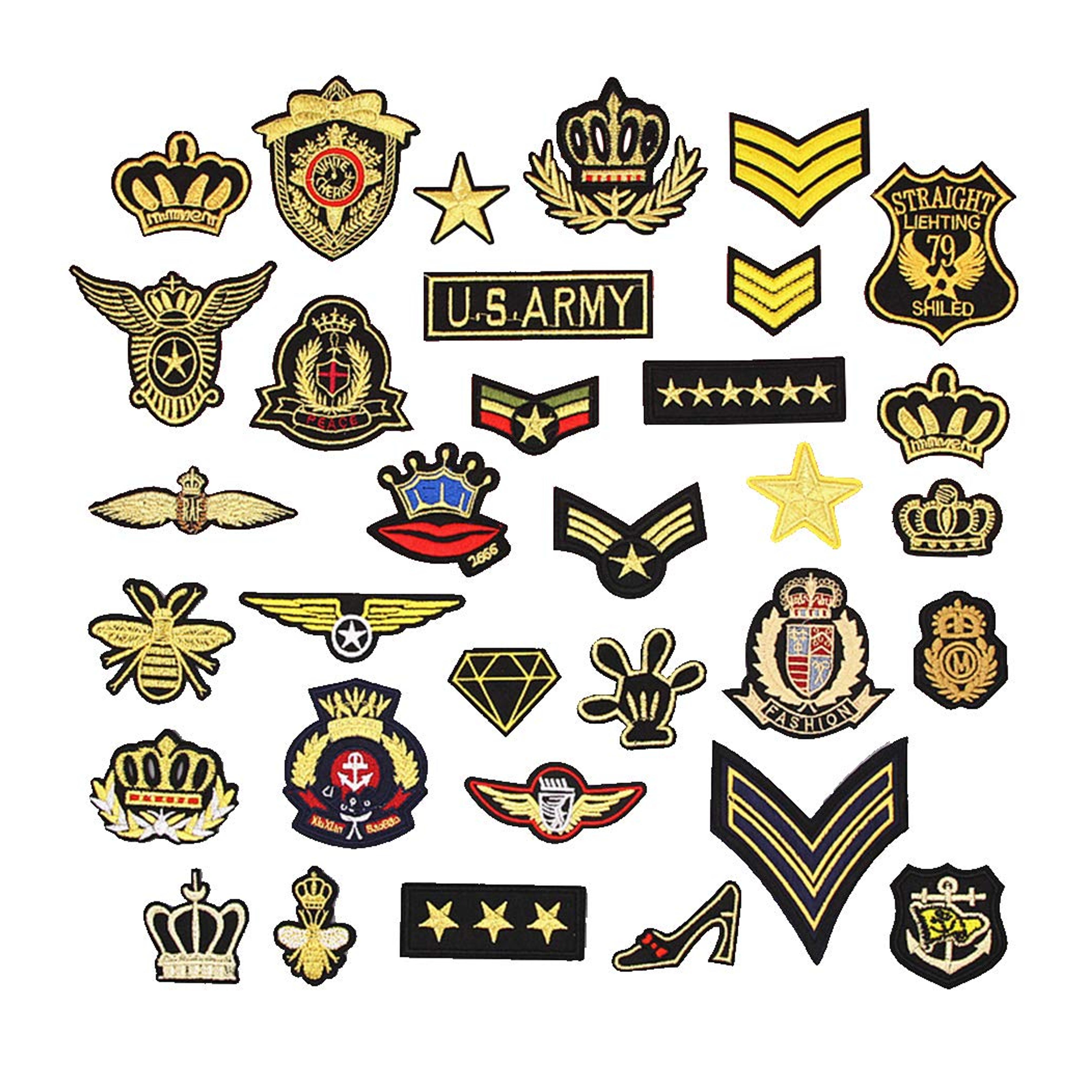 33Pcs Tactical Embroidered Patches Gold Color Morale Iron on Patches Military Sew on Patch for Decorating Repairing Jackets Shoes Bags Vests Backpacks Jeans Sleeve Caps Clothes Funny Badge Set