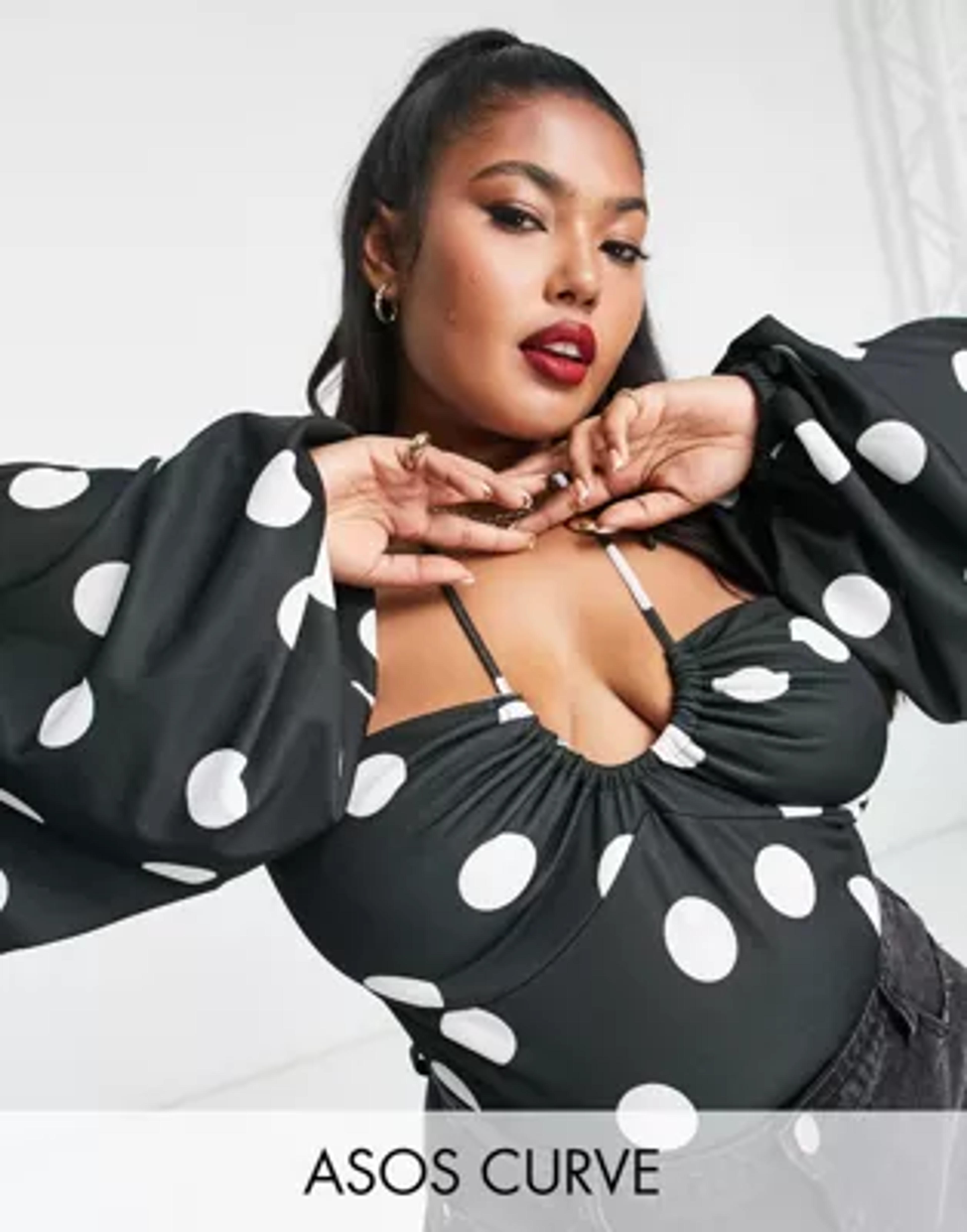 ASOS DESIGN Curve balloon sleeve halter neck bodysuit in polka dot | ASOS