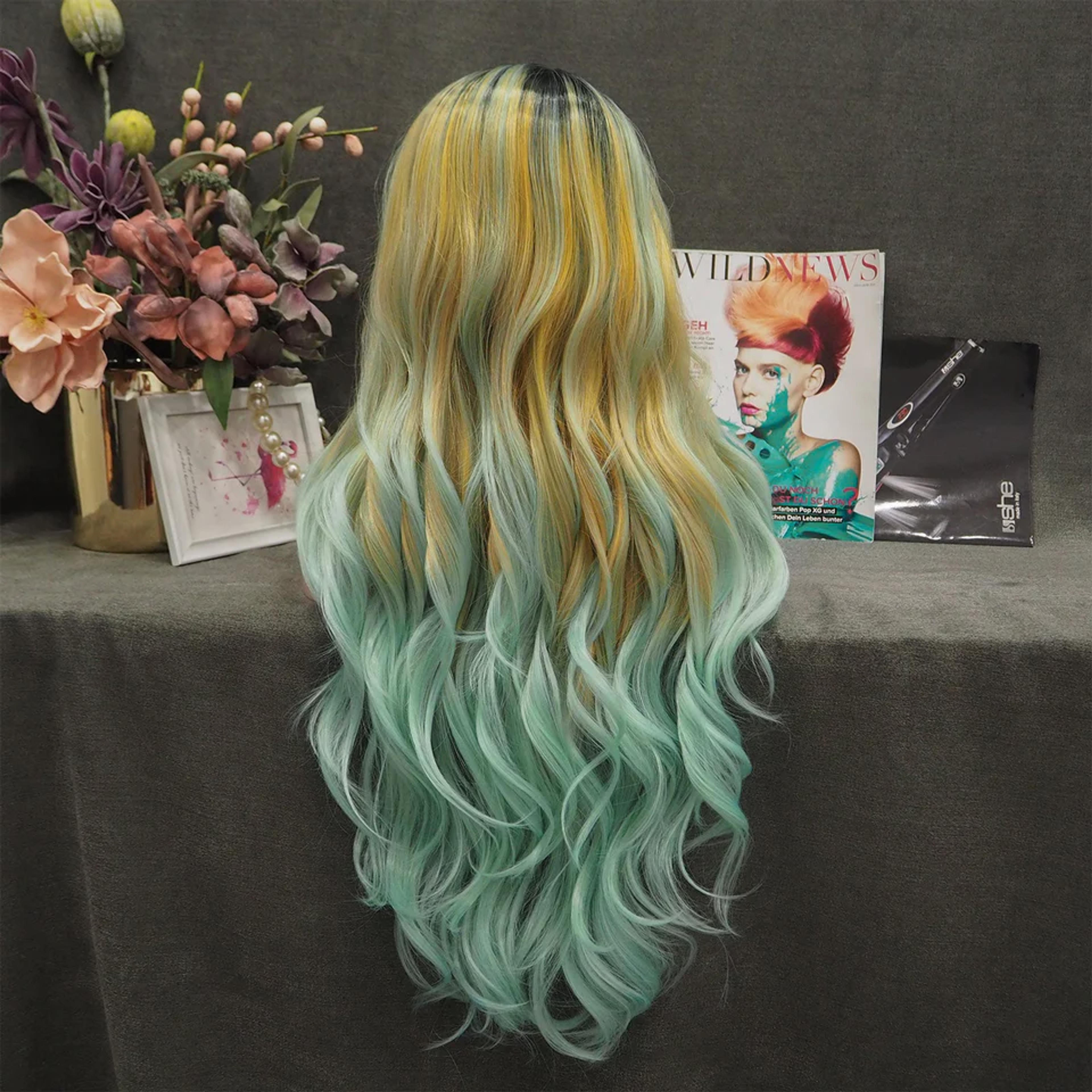 Sunflower - Light Yellow And Green Ombre With Dark Root Synthetic Lace | Imstyle-wigs