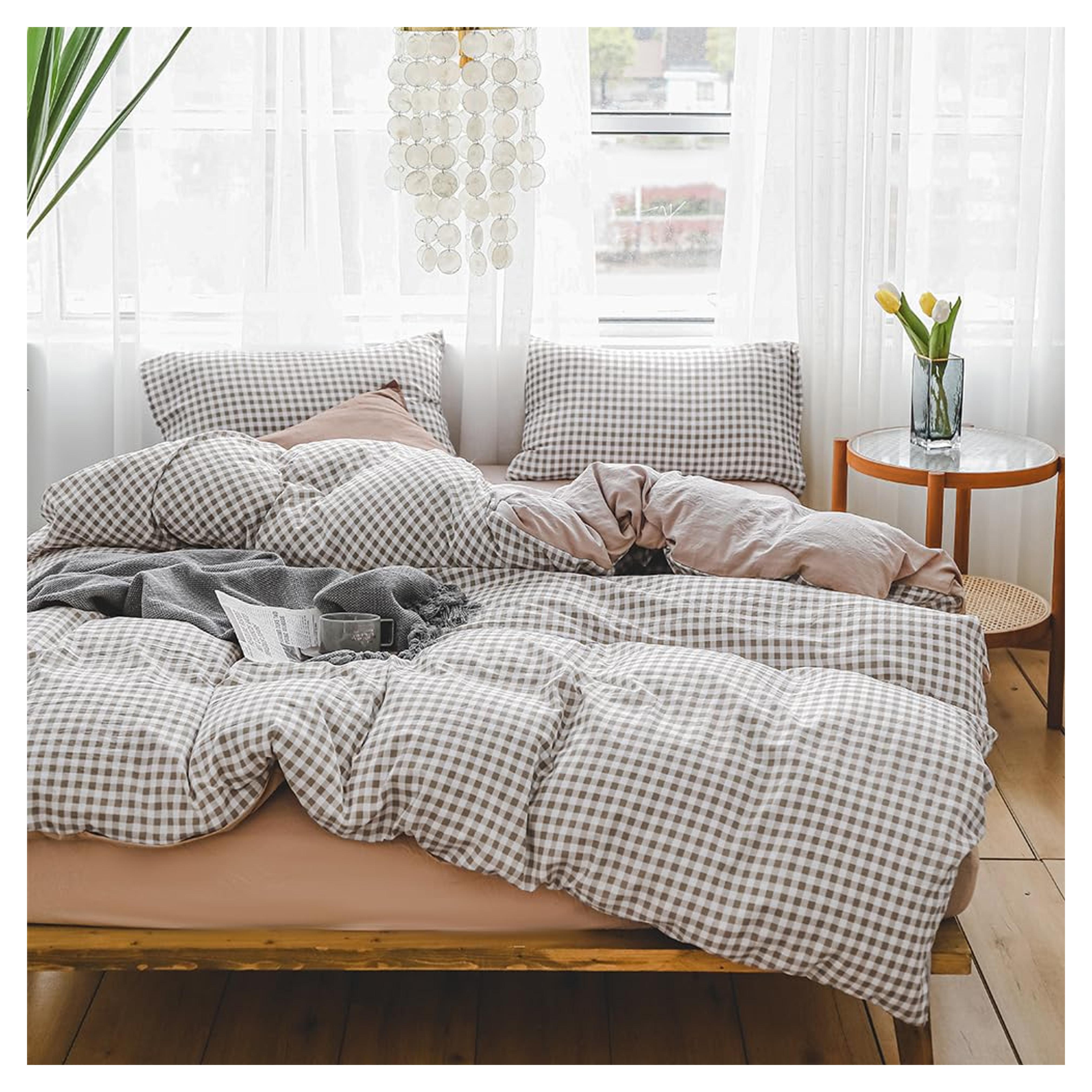 NSNLGSGC Twin Grid Gingham Duvet Cover Set Tan - Washed Soft Comforter Cover Set Brown Lightweight Bedding Set (2PCS, Twin)