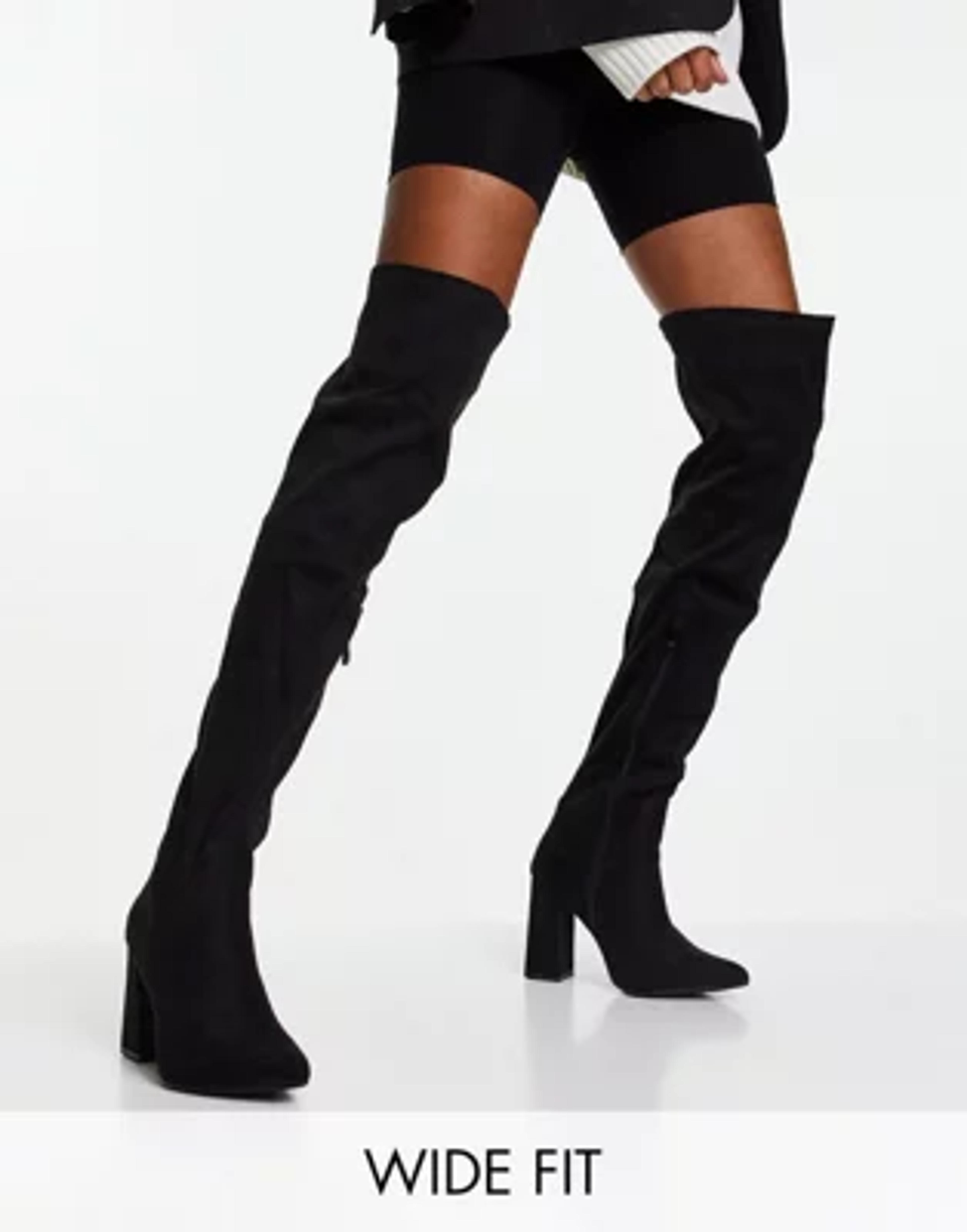 Truffle Collection Wide Fit thigh high heeled boots in black | ASOS