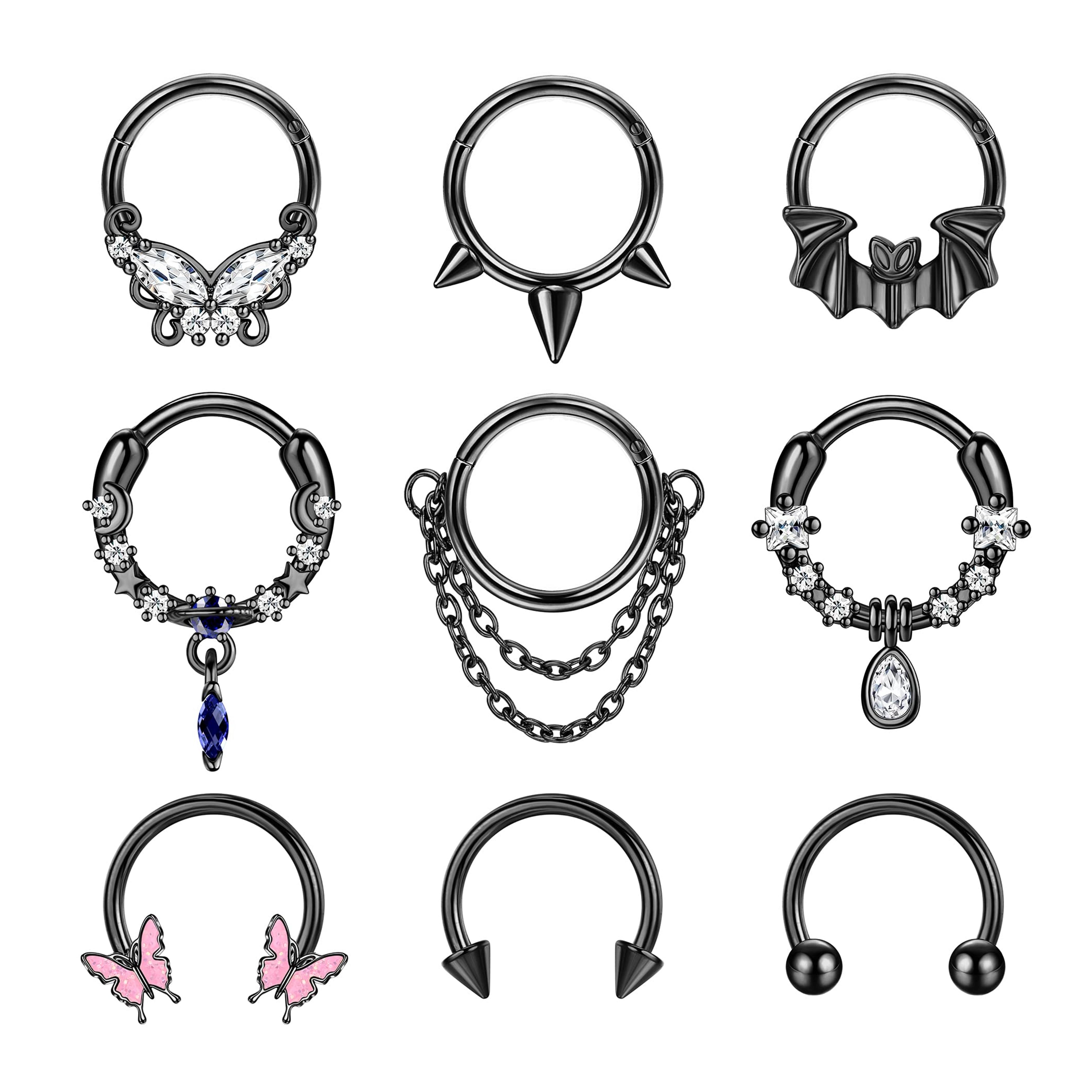 Sanfenly 9Pcs 16G Septum Rings for Women Men Stainless Steel Dangle Septum Jewelry Blue Planet Teardrop CZ Butterfly Bat Spiked Daith Earrings Hoop Nose Rings Cartilage Helix Septum Piercing Jewelry