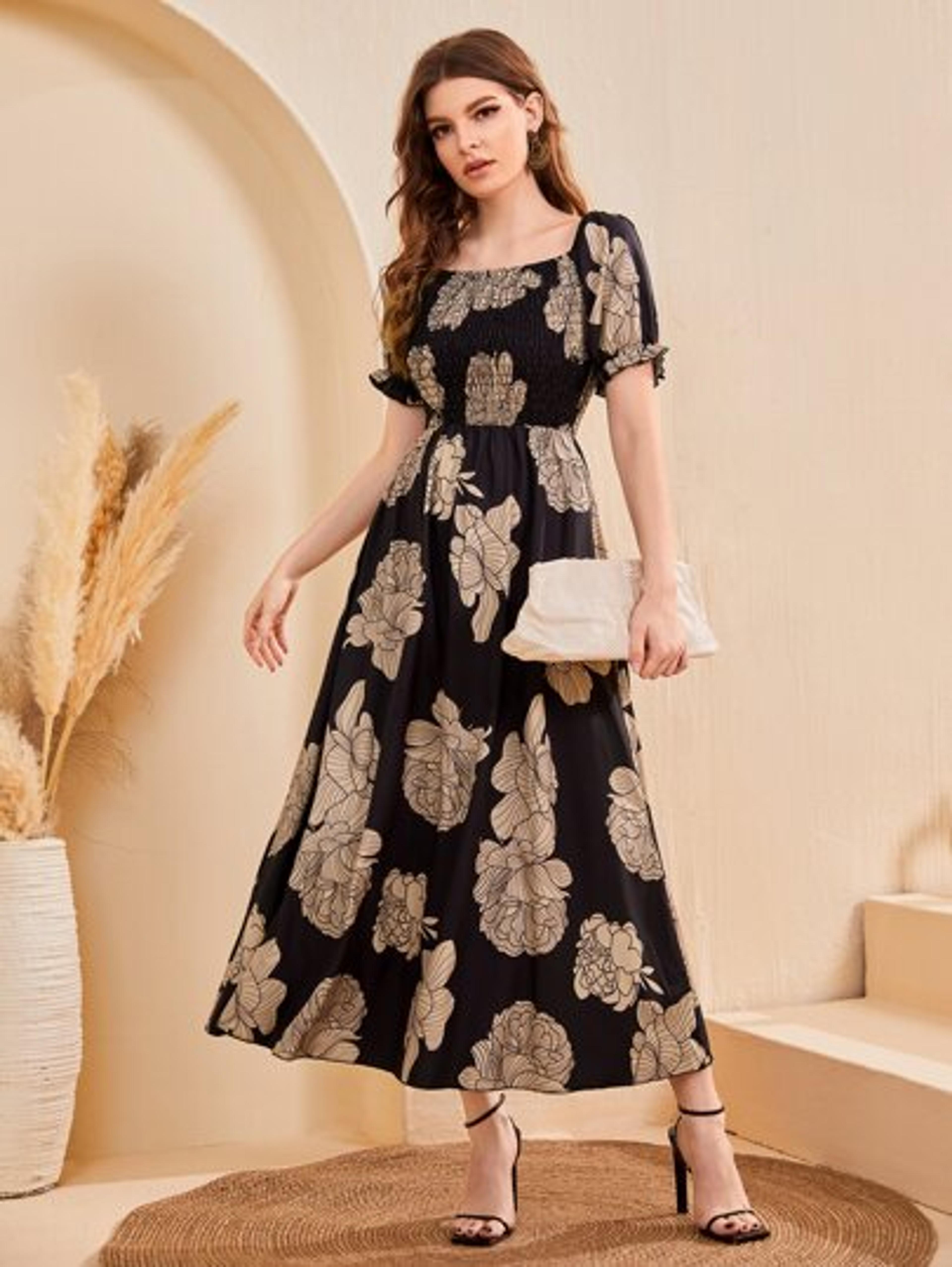 Floral Print Shirred Puff Sleeve Dress | SHEIN USA