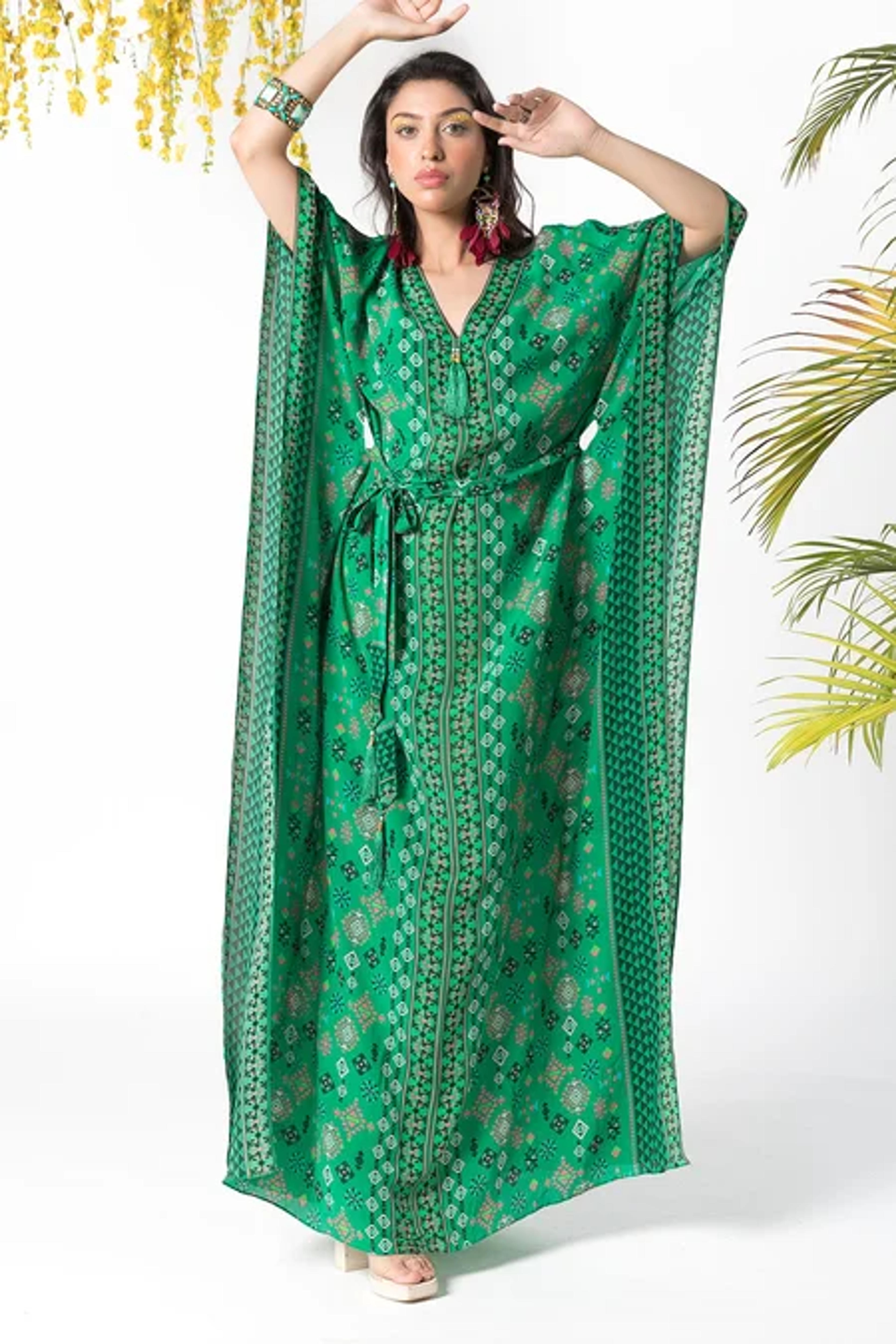 Buy Green Crepe Printed Geometric V Neck Kaftan With Belt For Women by Chhavvi Aggarwal Online at Aza Fashions.