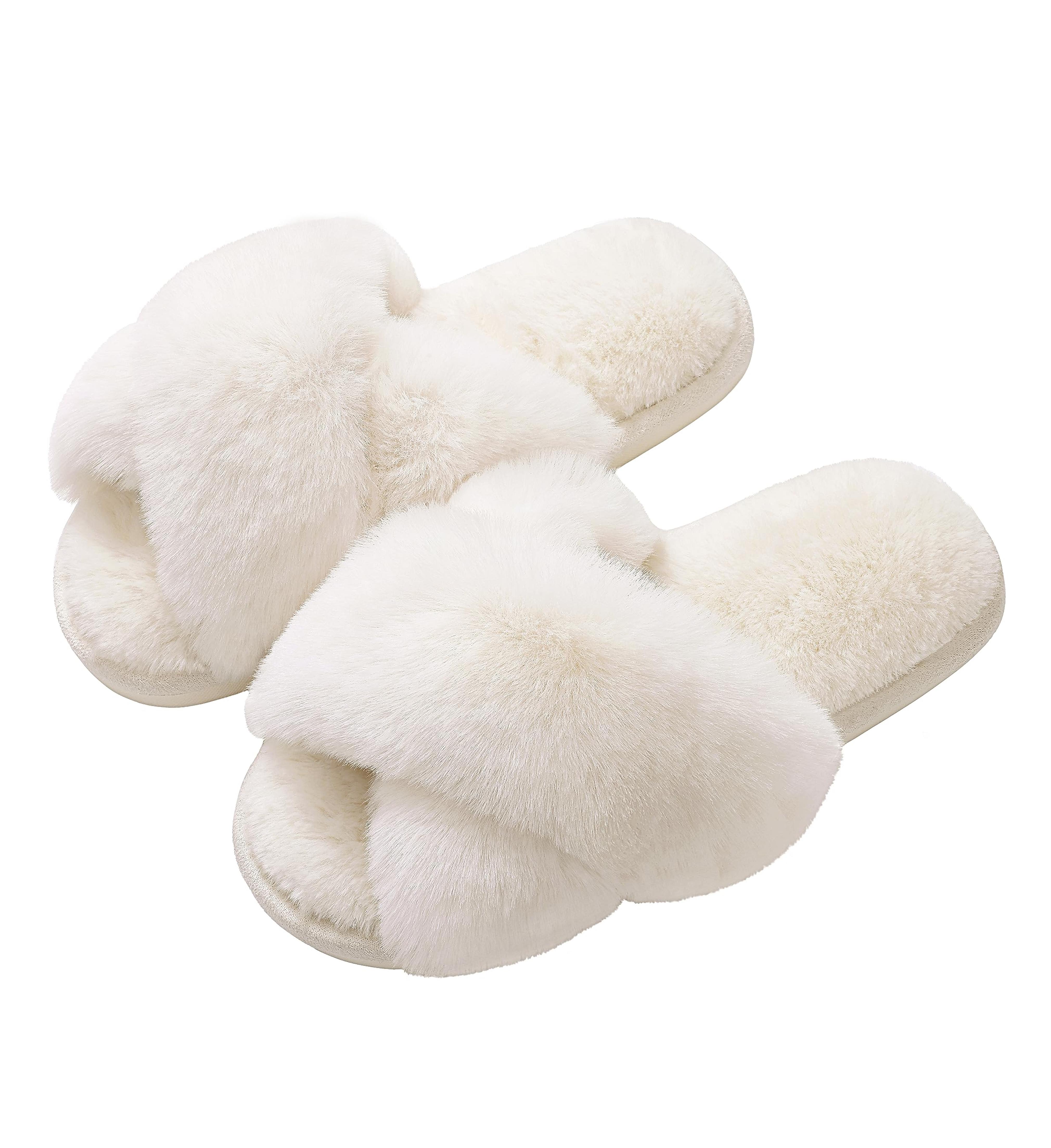 Evshine Women's Fuzzy Slippers Cross Band Memory Foam House Slippers Open Toe 7-8 White