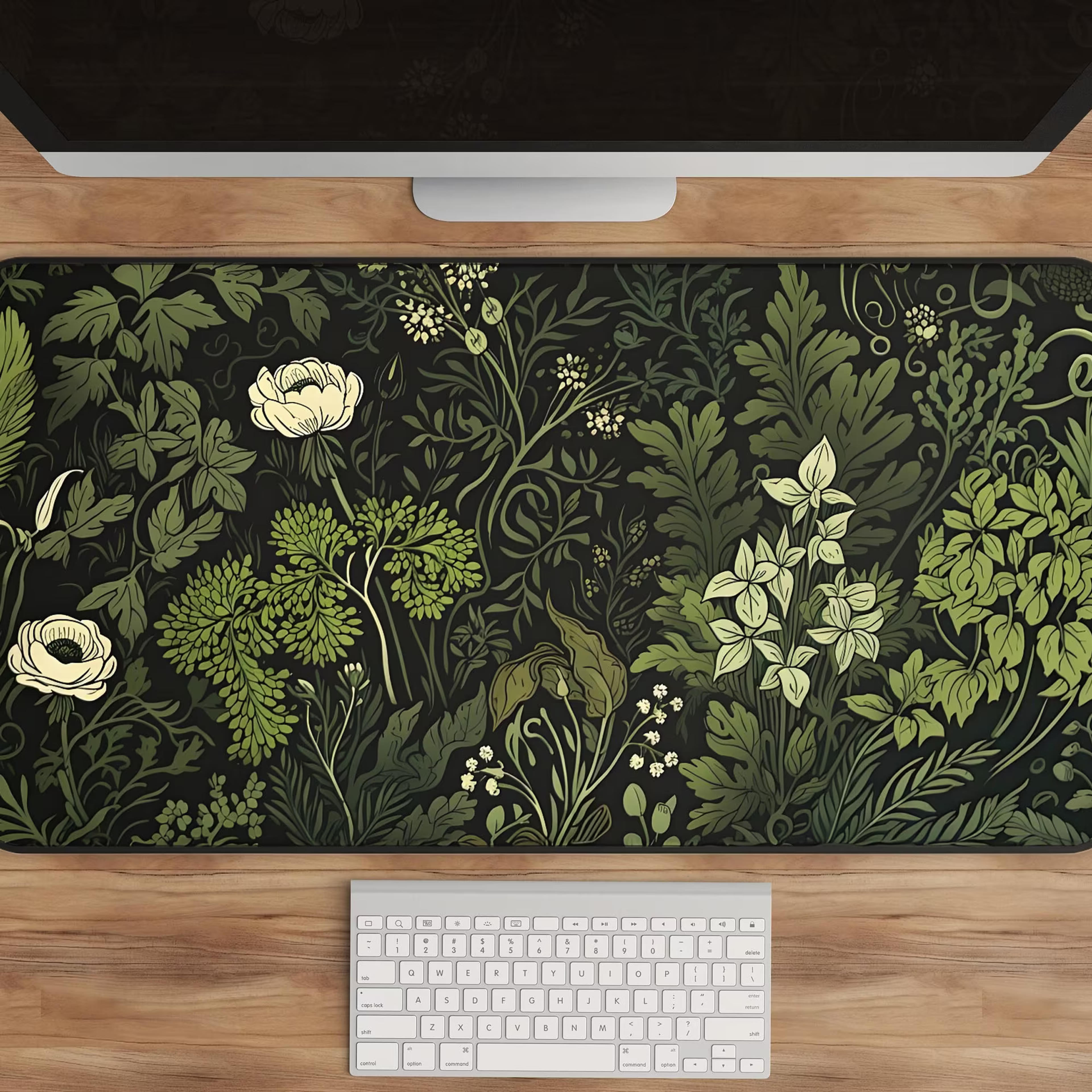 Botanical Art Nouveau Desk Mat  Sage Green Floral and Plant