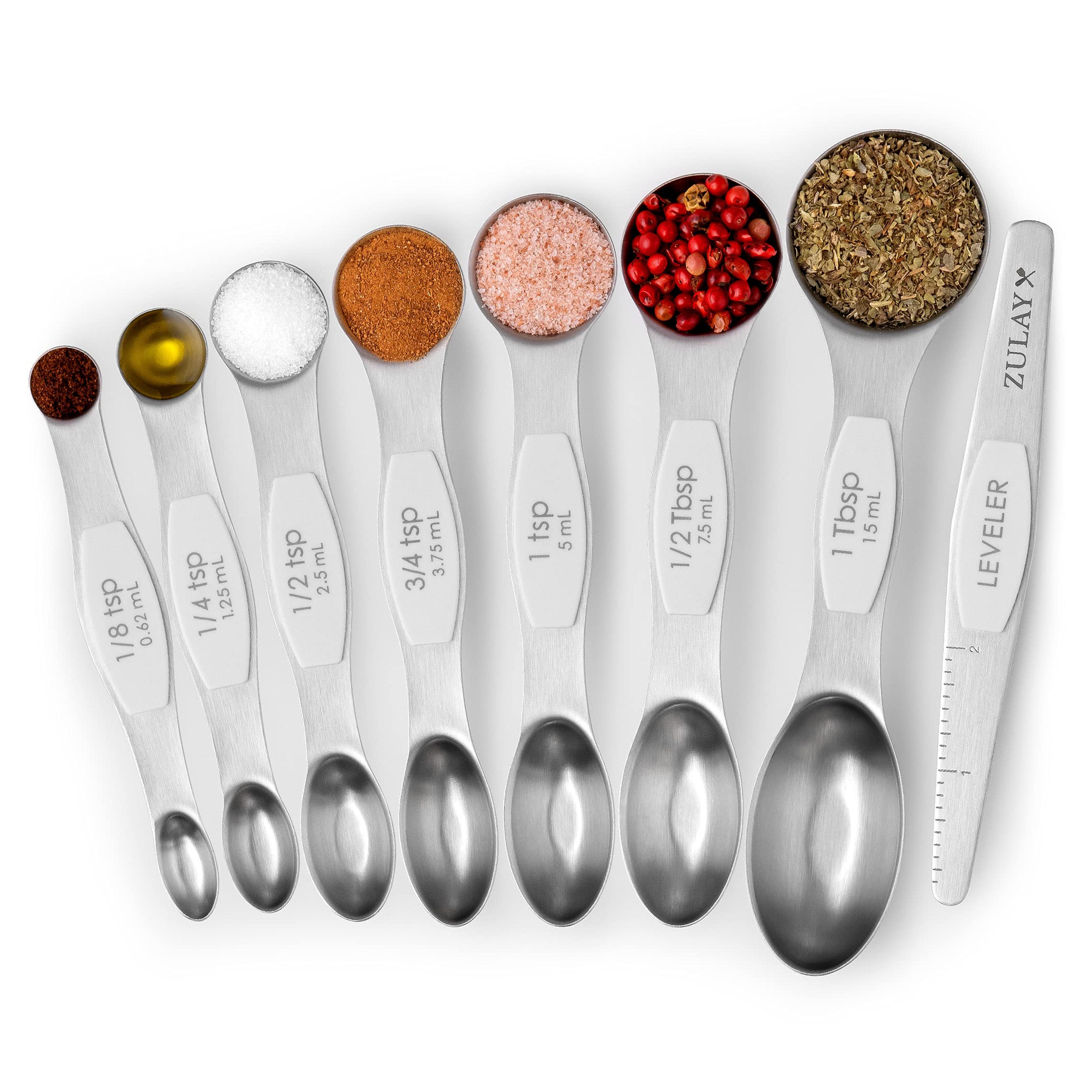 Zulay Kitchen Stackable Magnetic Spoons Set of 8 - Dual Sided Magnetic Measuring Spoons Set Fits In Spice Jars - Stainless Steel Measuring Spoons Magnetic For Dry and Liquid Ingredients (White)