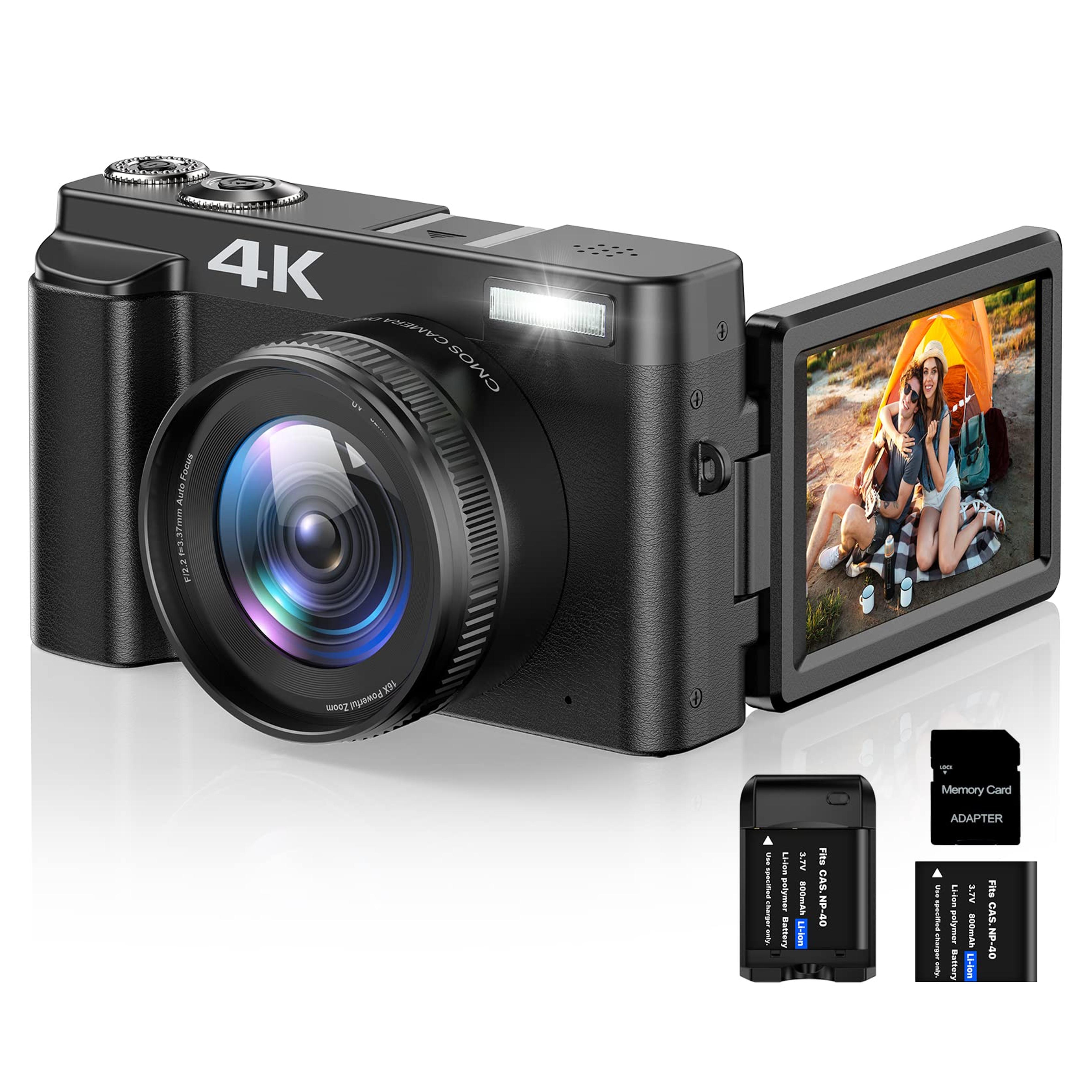 4K Digital Camera for Photography Autofocus 16X Digital Zoom, 48MP Vlogging Camera with 32GB SD Card, 3'' 180° Flip Screen Compact Camera,2 Batteries